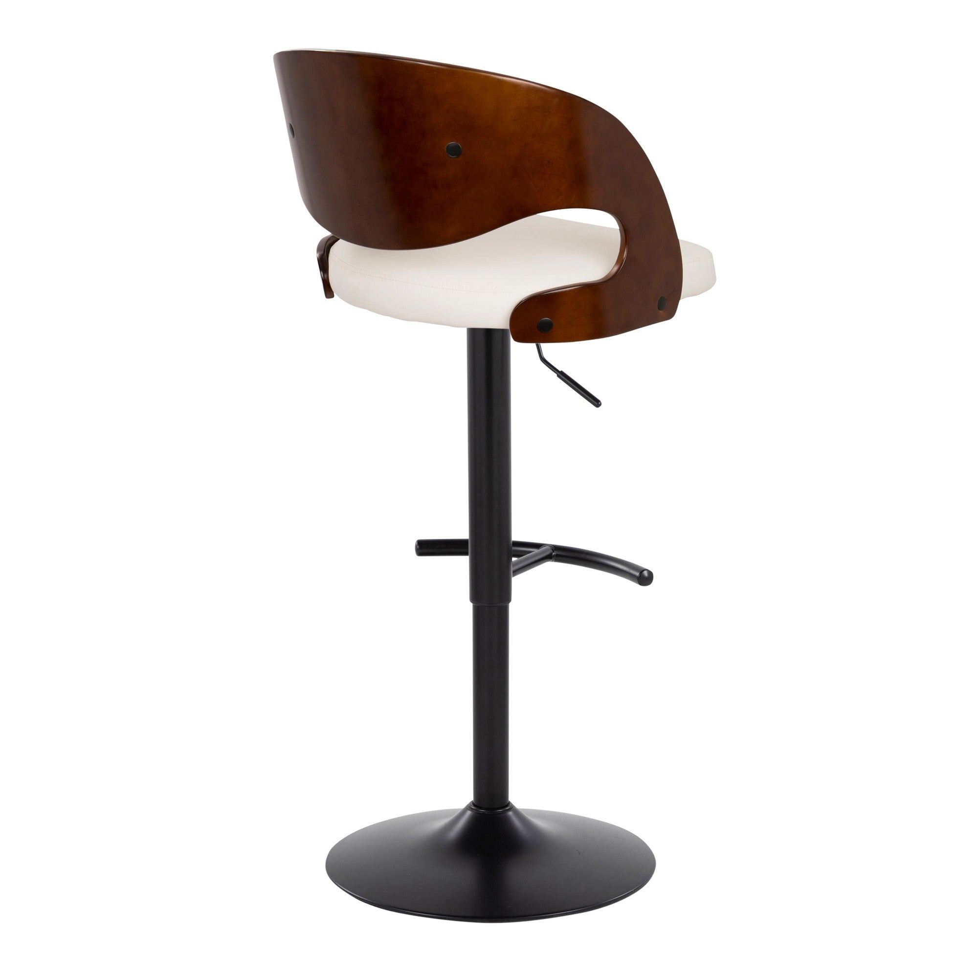 Pino Adjustable Barstool - Set of 2 - Black Metal, Mahogany Wood, White PU