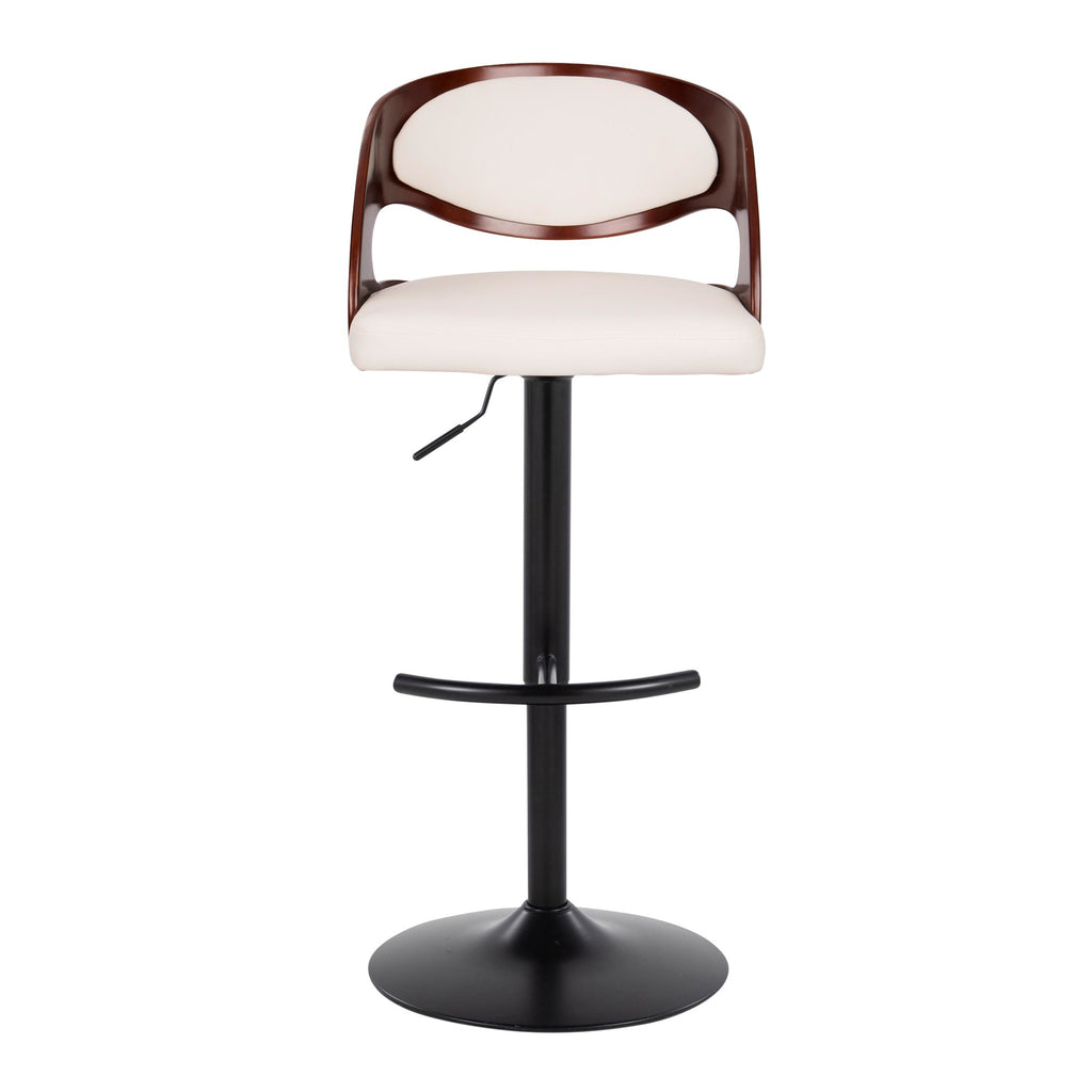 Pino Adjustable Barstool - Set of 2 - Black Metal, Mahogany Wood, White PU