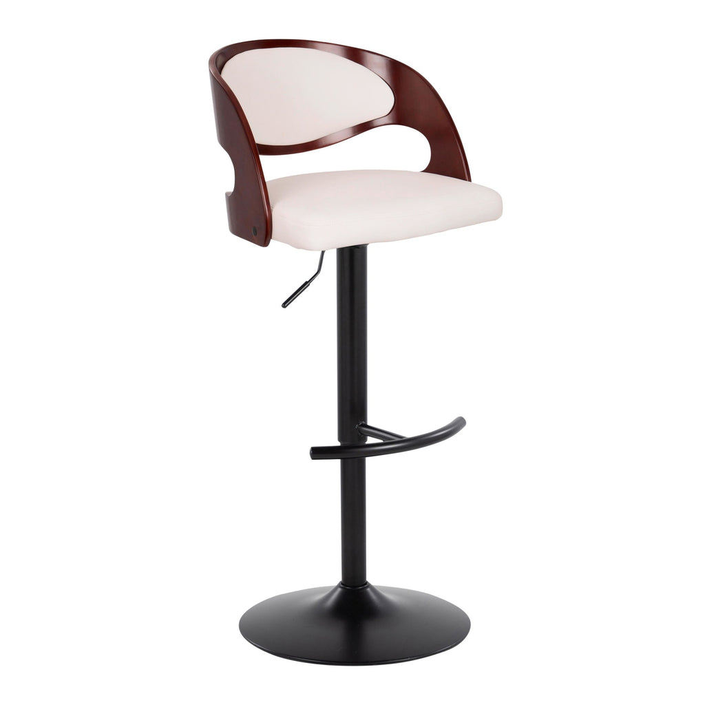Pino Adjustable Barstool - Set of 2 - Black Metal, Mahogany Wood, White PU