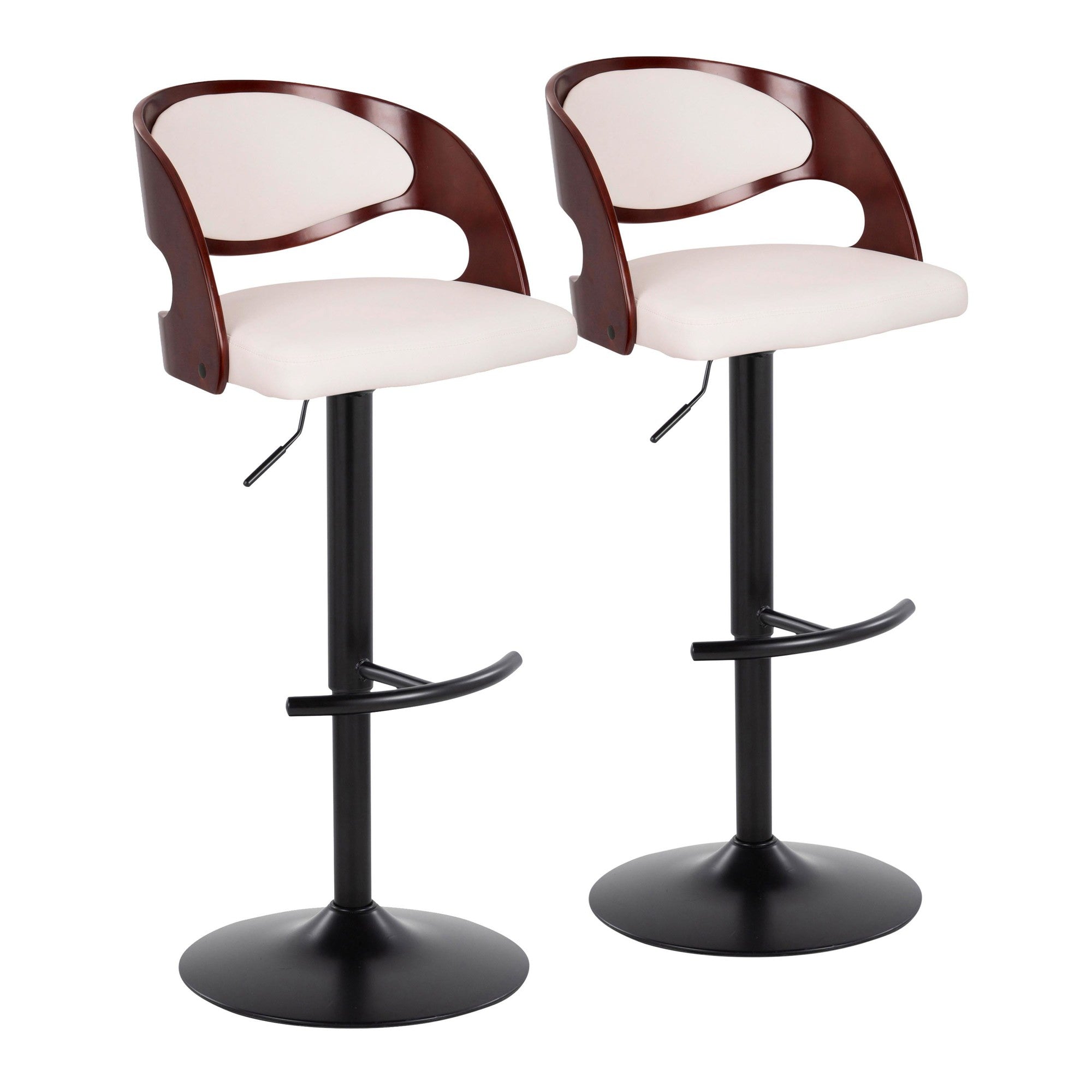 Pino Adjustable Barstool - Set of 2 - Black Metal, Mahogany Wood, White PU