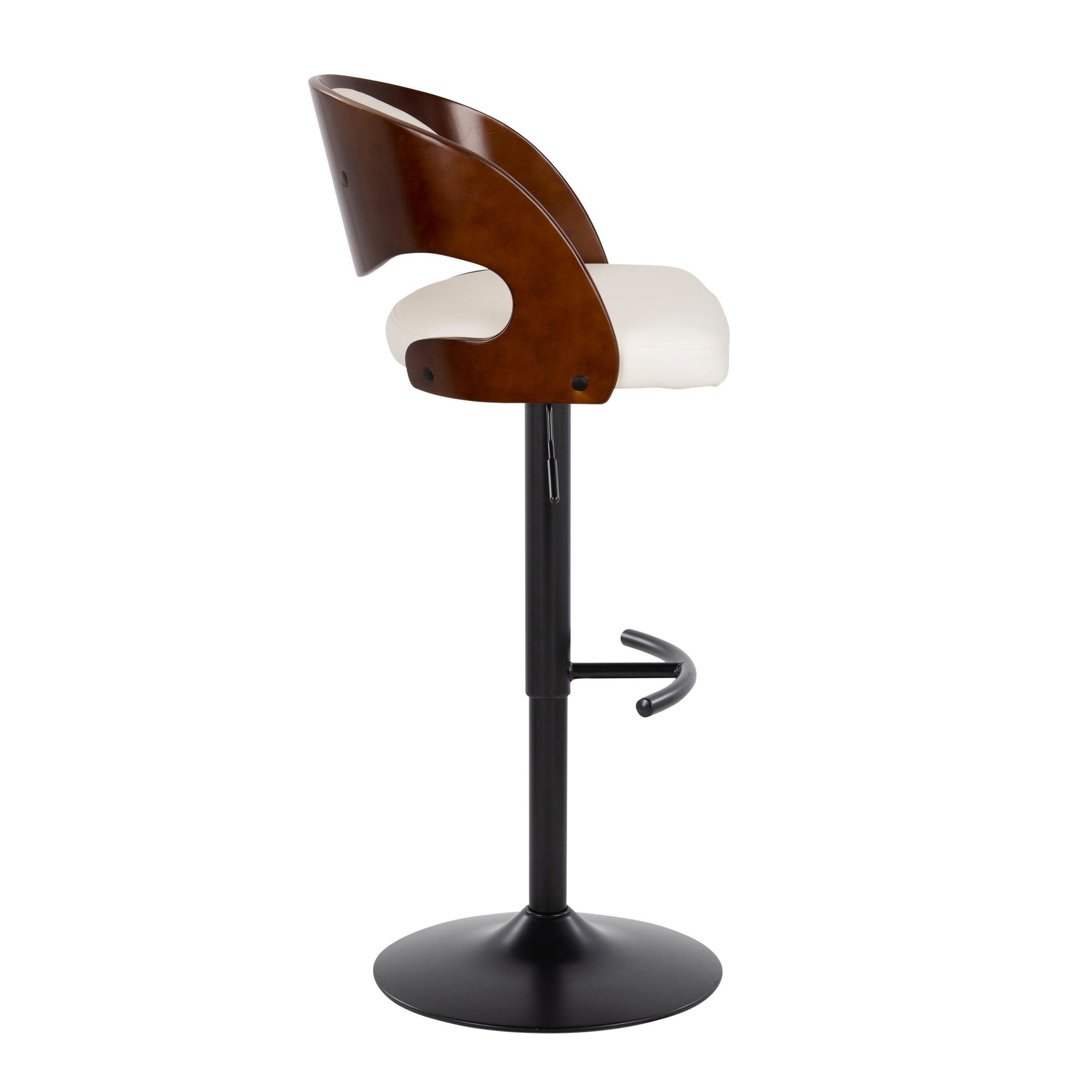 Pino Adjustable Barstool - Set of 2 - Black Metal, Mahogany Wood, White PU
