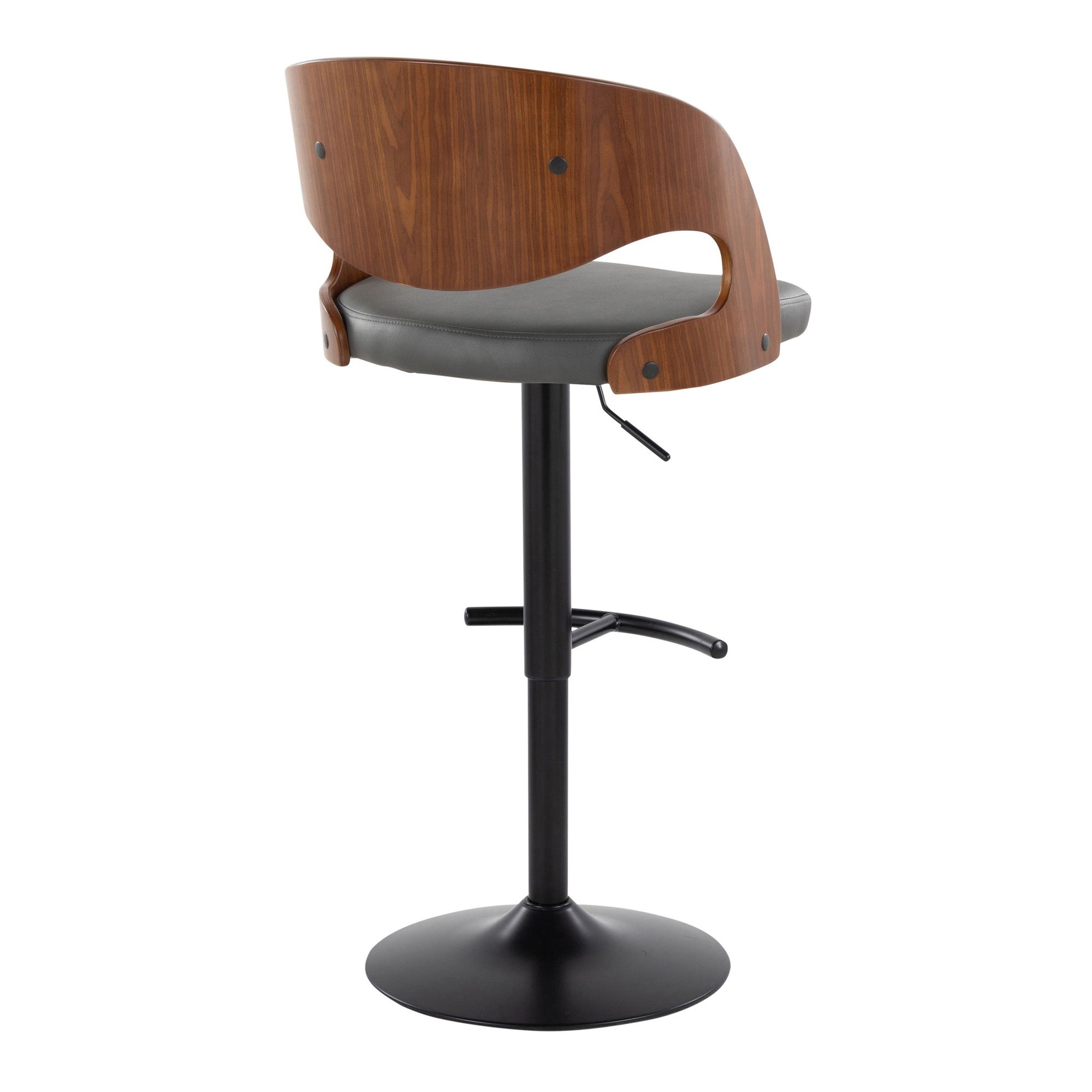 Pino Adjustable Barstool - Set of 2 - Black Metal, Walnut Wood, Grey PU