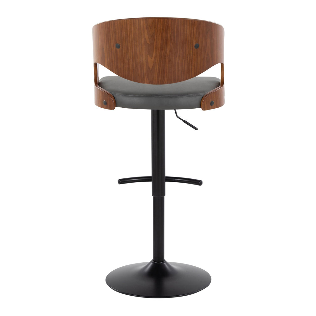 Pino Adjustable Barstool - Set of 2 - Black Metal, Walnut Wood, Grey PU