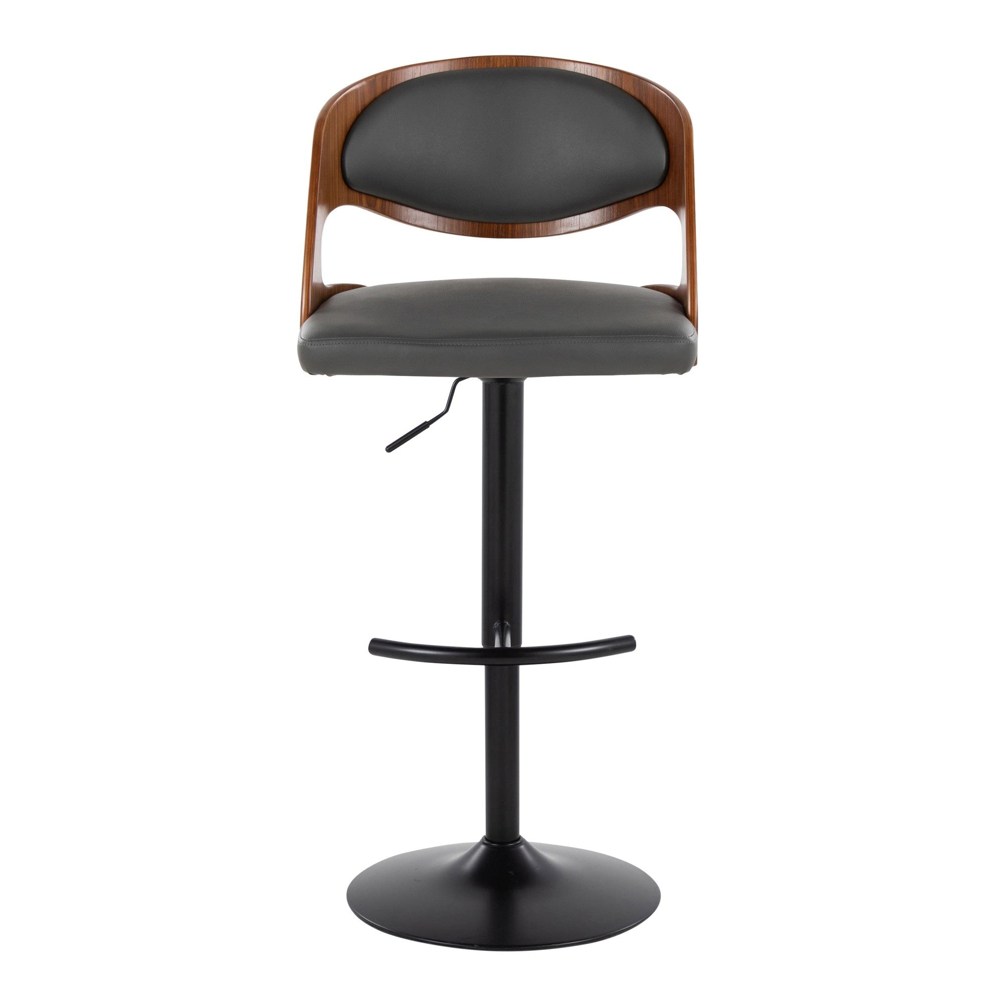 Pino Adjustable Barstool - Set of 2 - Black Metal, Walnut Wood, Grey PU