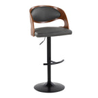 Pino Adjustable Barstool - Set of 2 - Black Metal, Walnut Wood, Grey PU