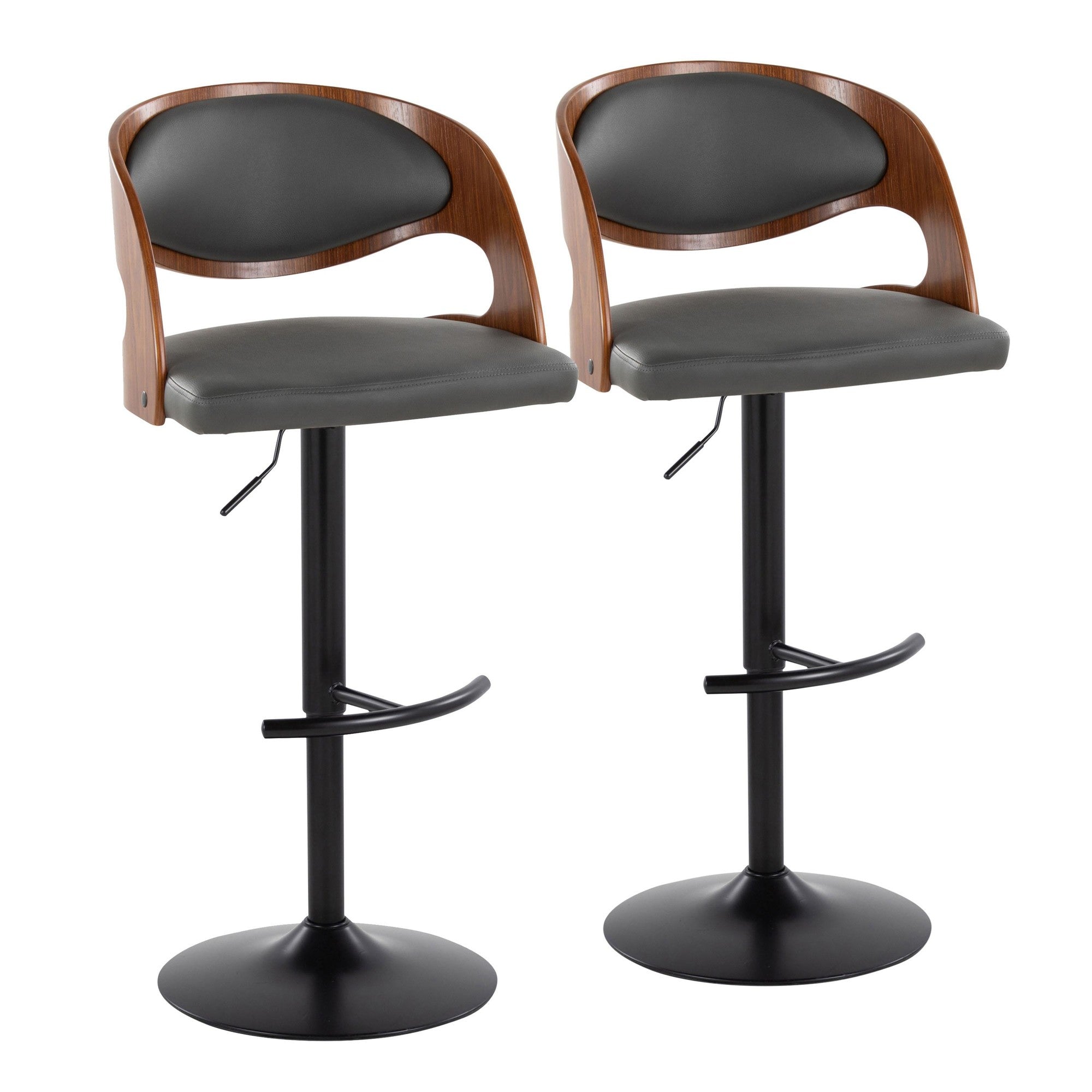 Pino Adjustable Barstool - Set of 2 - Black Metal, Walnut Wood, Grey PU