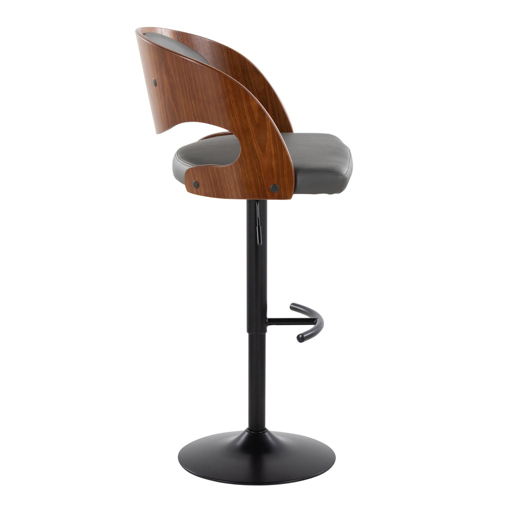 Pino Adjustable Barstool - Set of 2 - Black Metal, Walnut Wood, Grey PU