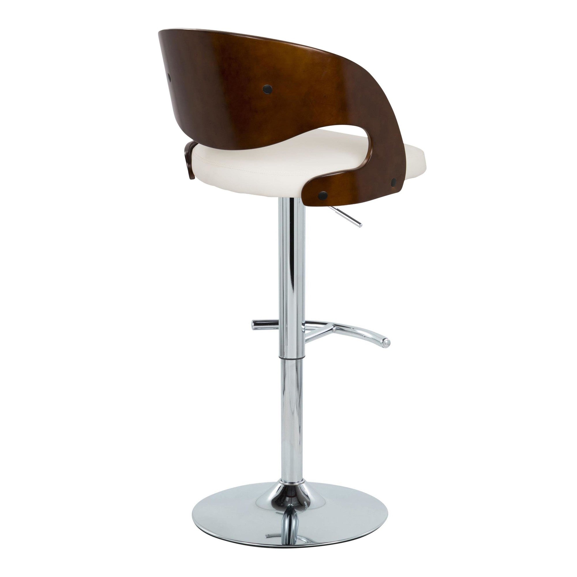 Pino Adjustable Barstool - Set of 2 - Chrome Metal, Mahogany Wood, White PU