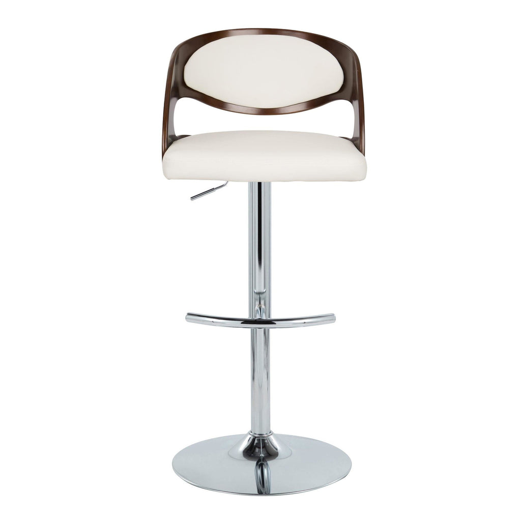 Pino Adjustable Barstool - Set of 2 - Chrome Metal, Mahogany Wood, White PU