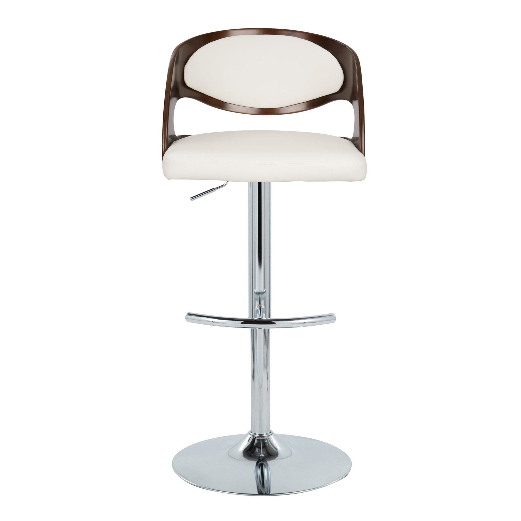 Pino Adjustable Barstool - Set of 2 - Chrome Metal, Mahogany Wood, White PU