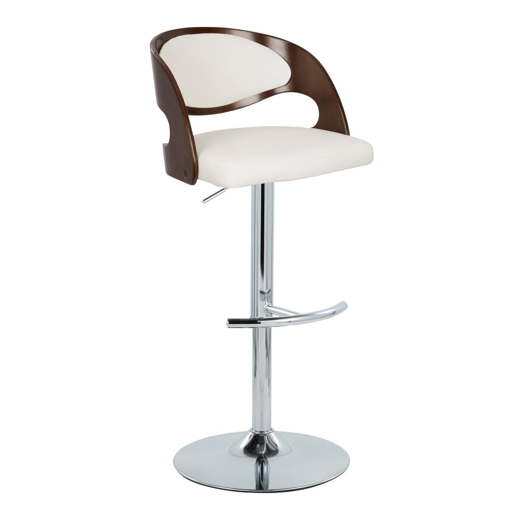 Pino Adjustable Barstool - Set of 2 - Chrome Metal, Mahogany Wood, White PU