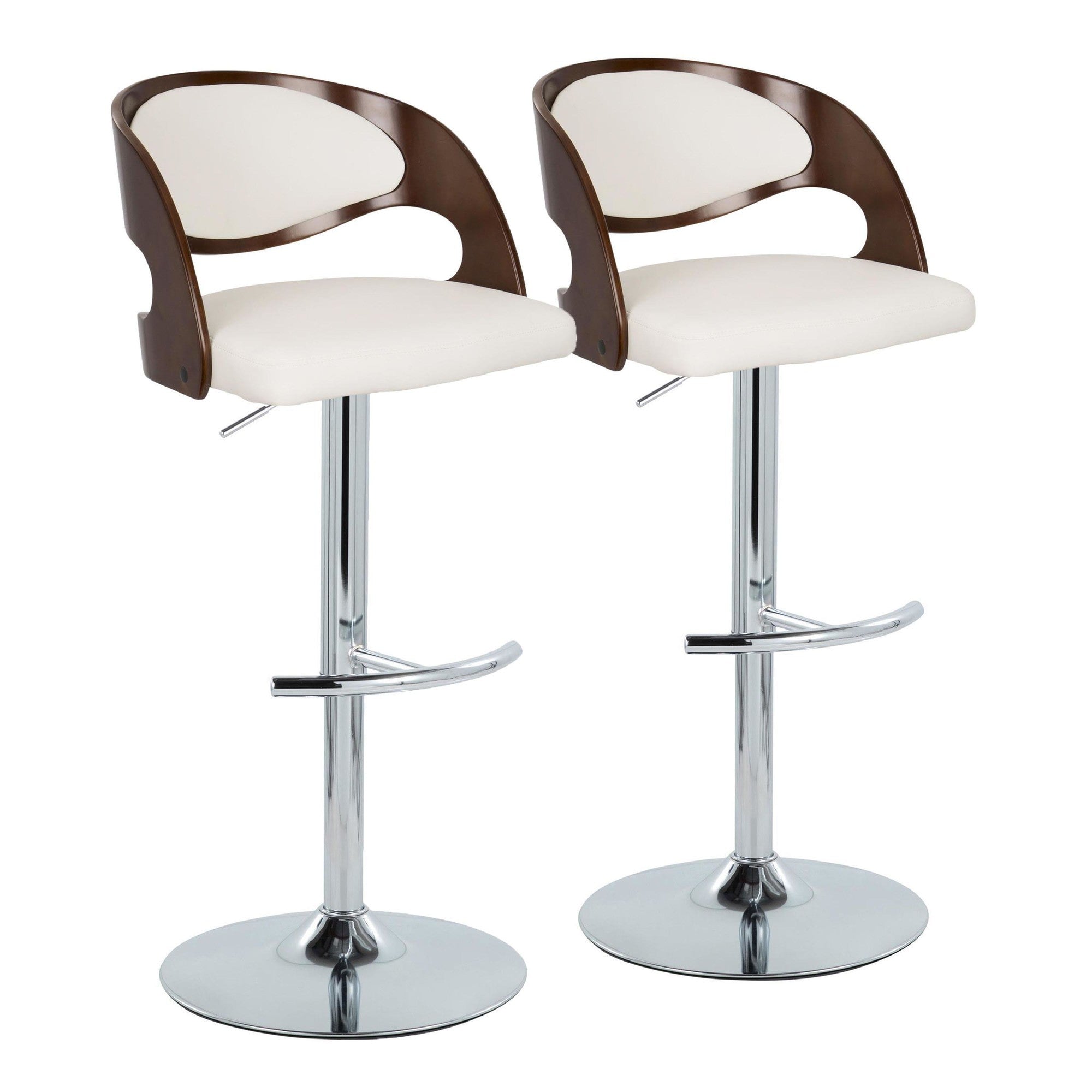 Pino Adjustable Barstool - Set of 2 - Chrome Metal, Mahogany Wood, White PU