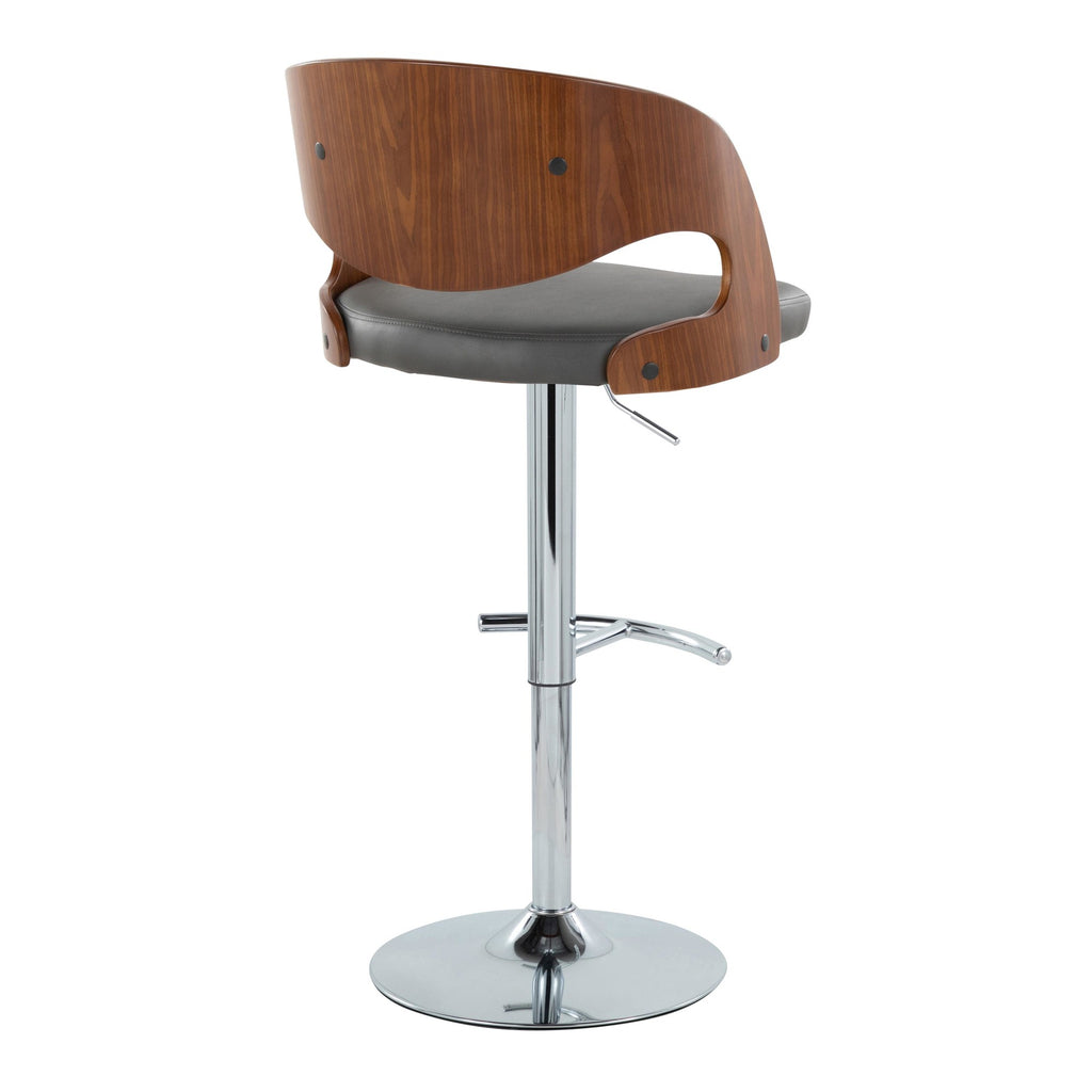 Pino Adjustable Barstool - Set of 2 - Chrome Metal, Walnut Wood, Grey PU