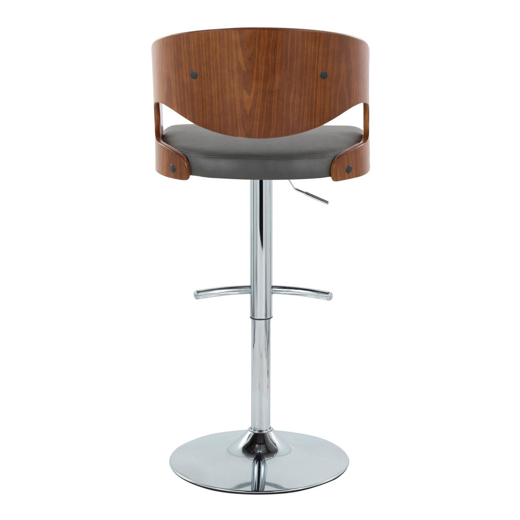 Pino Adjustable Barstool - Set of 2 - Chrome Metal, Walnut Wood, Grey PU