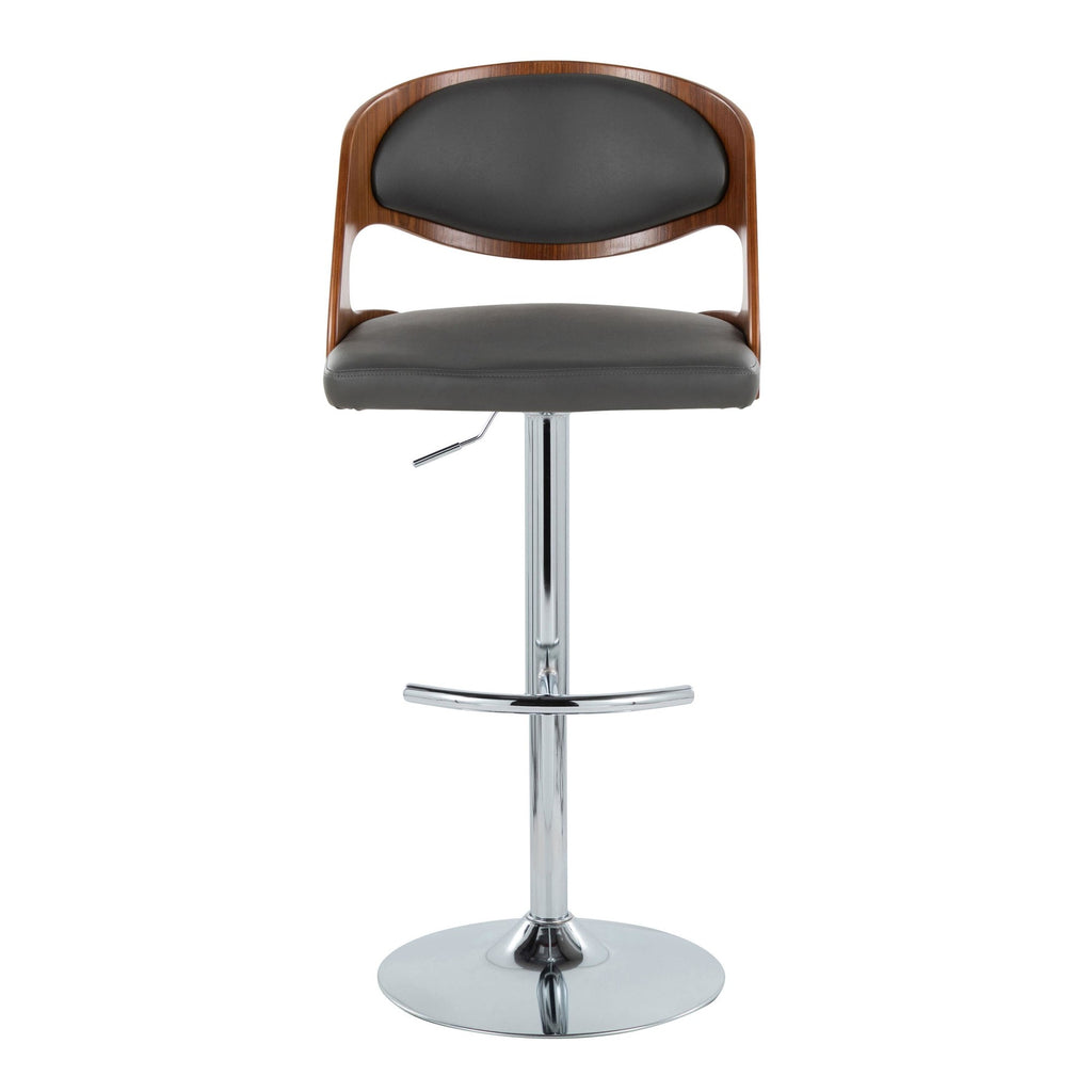Pino Adjustable Barstool - Set of 2 - Chrome Metal, Walnut Wood, Grey PU