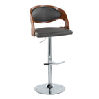 Pino Adjustable Barstool - Set of 2 - Chrome Metal, Walnut Wood, Grey PU