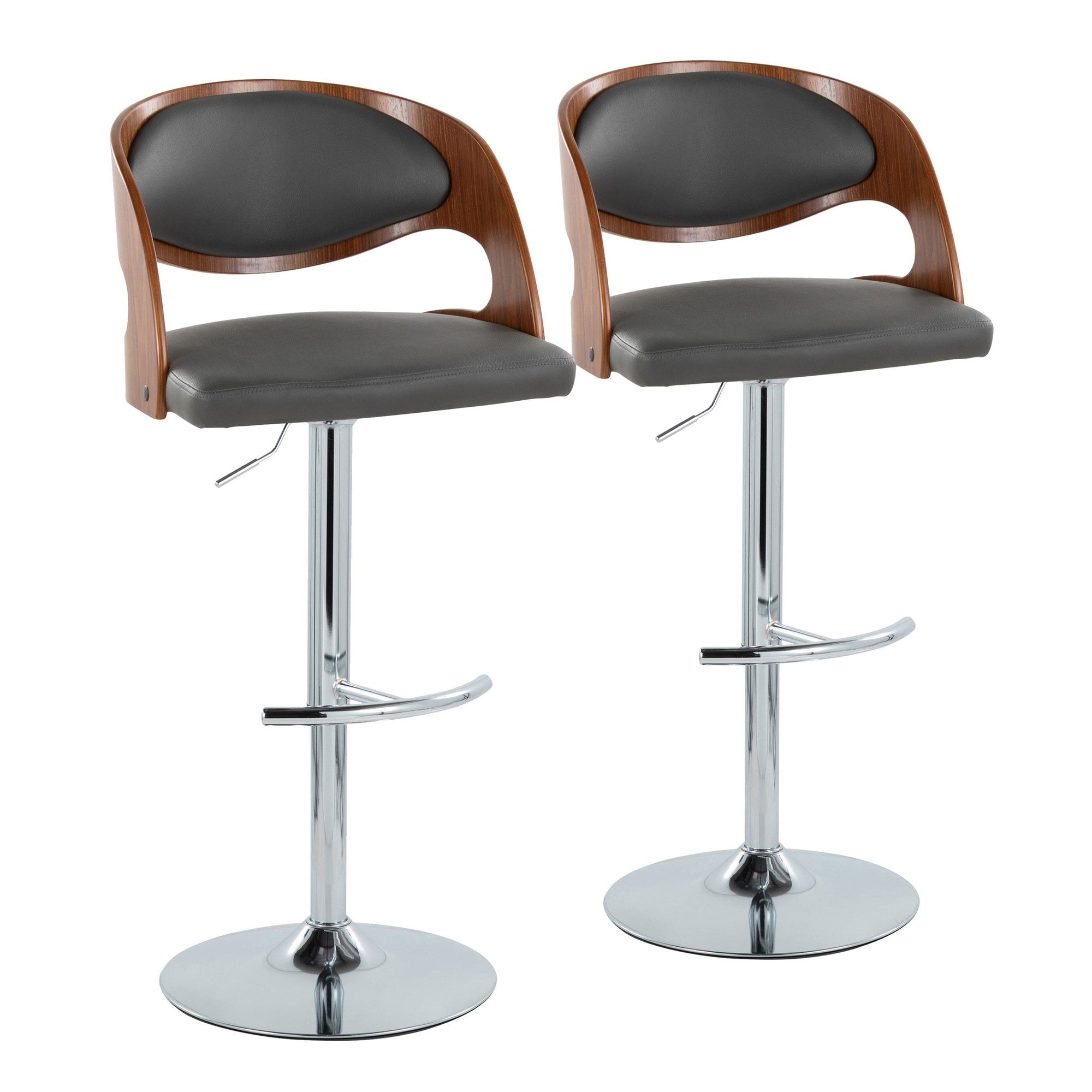 Pino Adjustable Barstool - Set of 2 - Chrome Metal, Walnut Wood, Grey PU