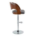 Pino Adjustable Barstool - Set of 2 - Chrome Metal, Walnut Wood, Grey PU