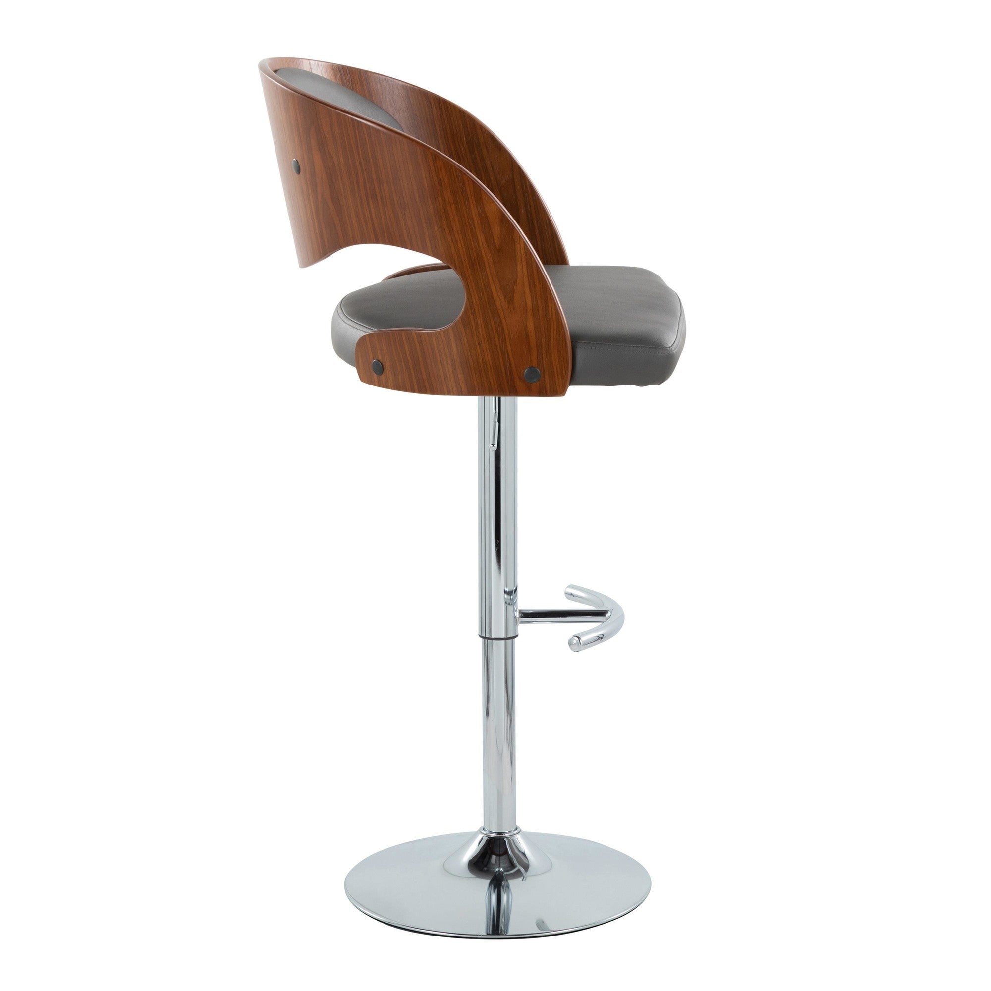 Pino Adjustable Barstool - Set of 2 - Chrome Metal, Walnut Wood, Grey PU