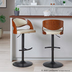 Pino Adjustable Barstool - Set of 2 - Black Metal, Walnut Wood, Cream PU