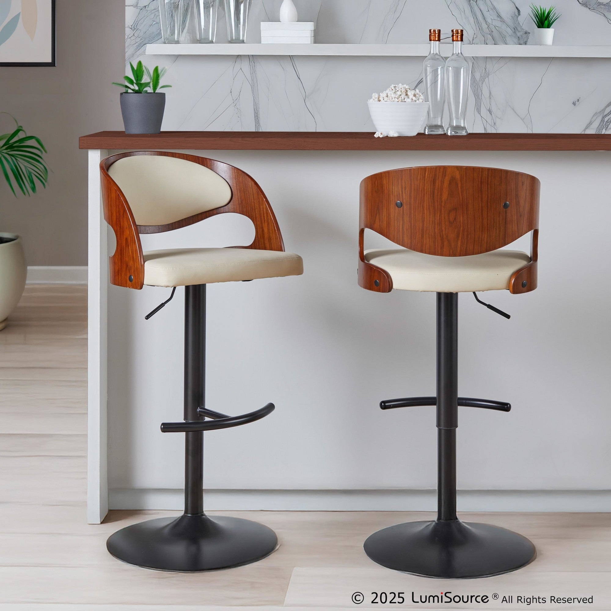 Pino Adjustable Barstool - Set of 2 - Black Metal, Walnut Wood, Cream PU