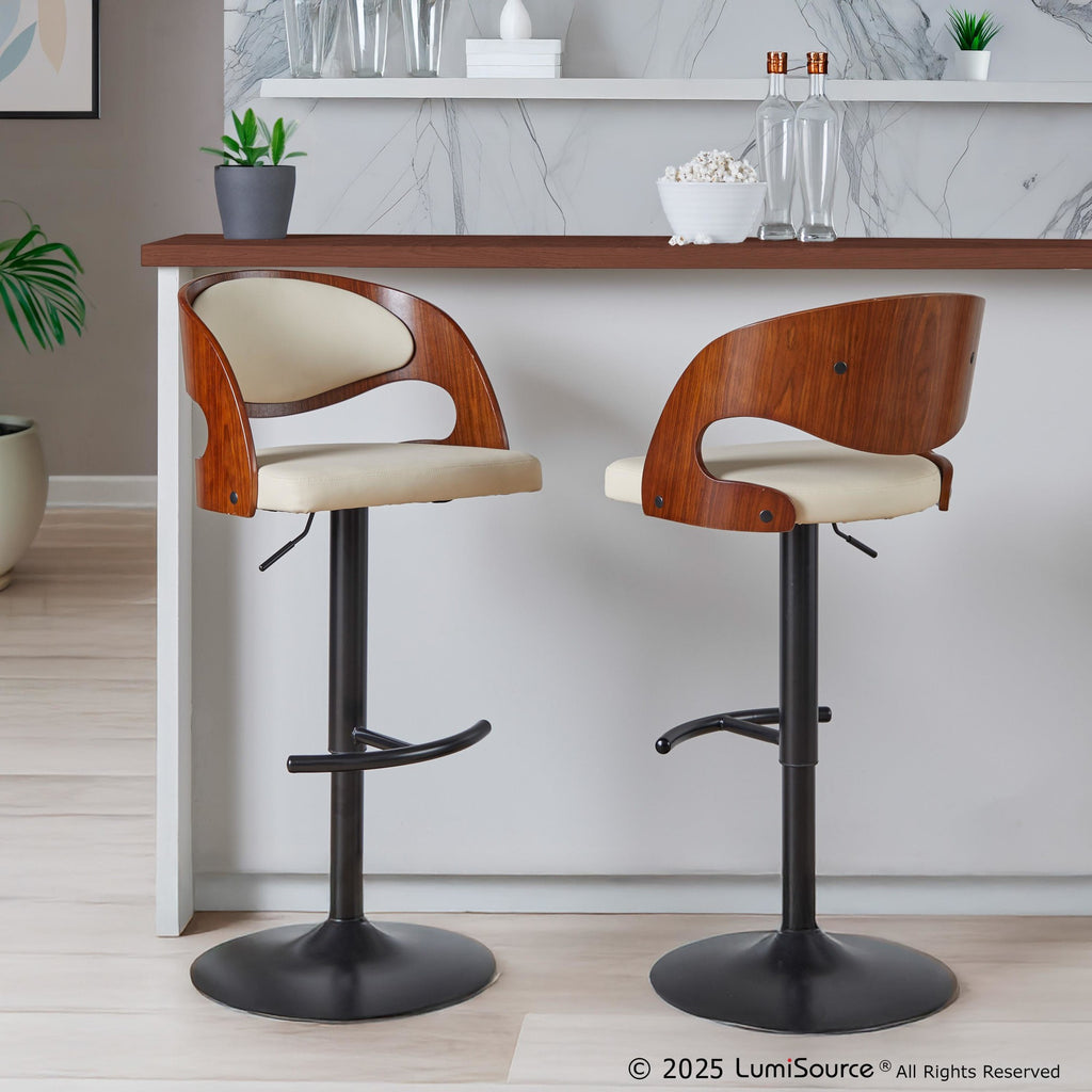 Pino Adjustable Barstool - Set of 2 - Black Metal, Walnut Wood, Cream PU