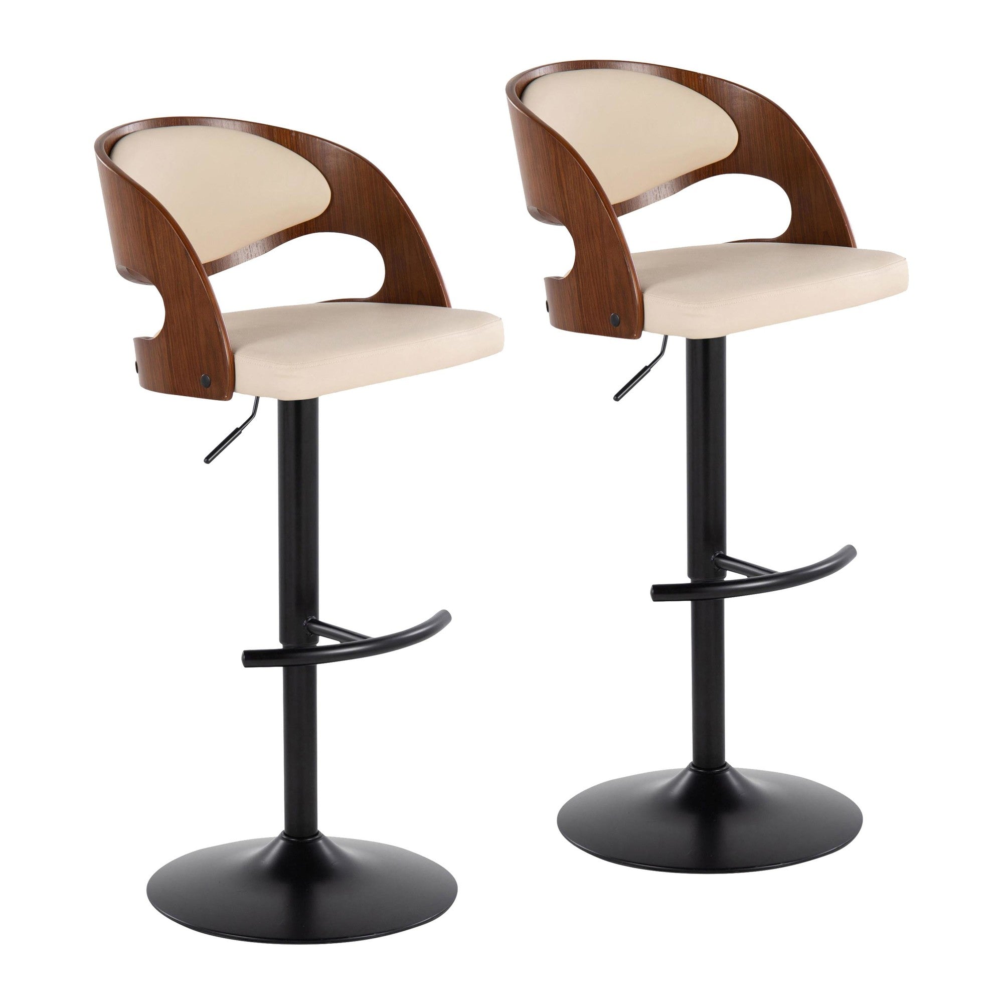 Pino Adjustable Barstool - Set of 2 - Black Metal, Walnut Wood, Cream PU