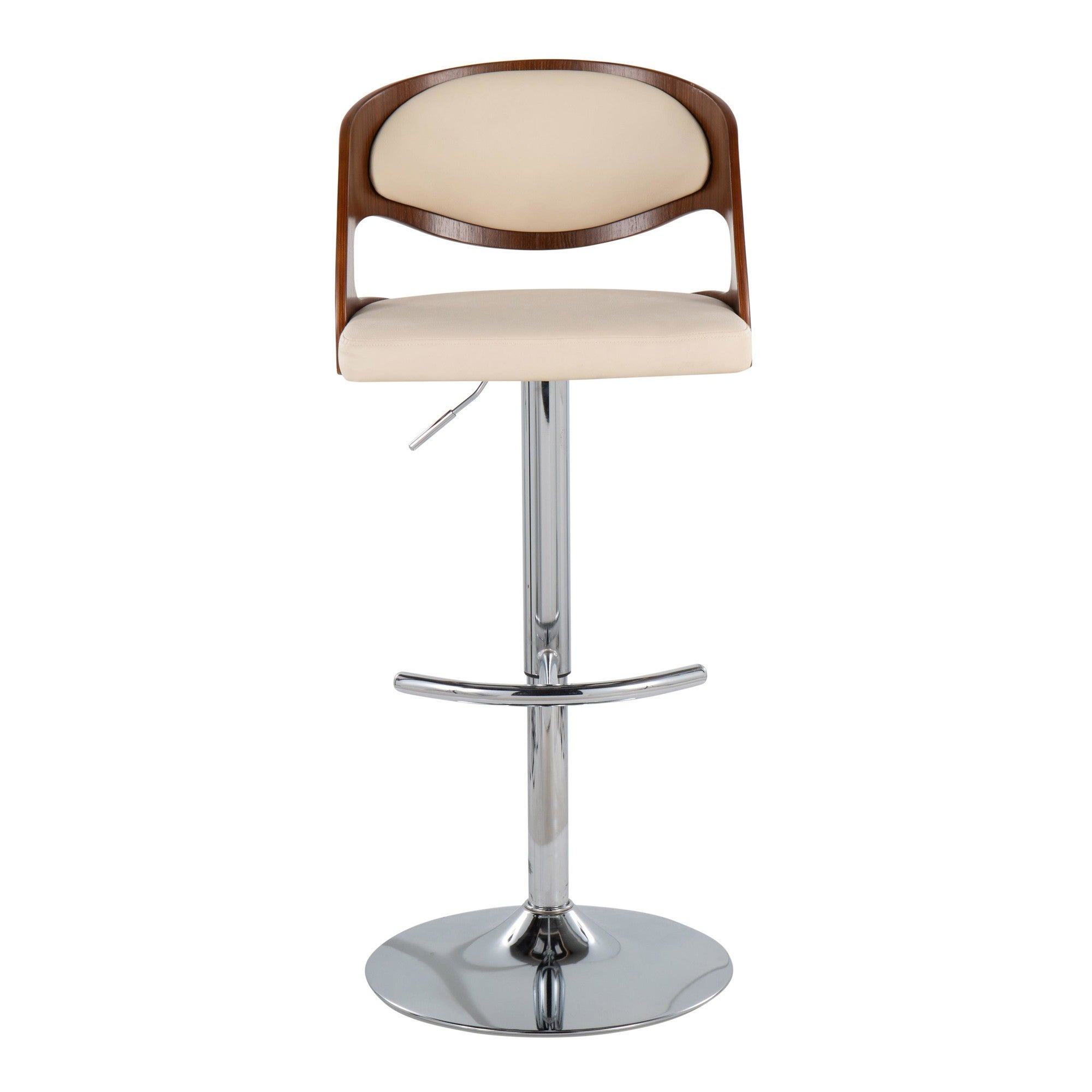Pino Adjustable Barstool - Set of 3 - Chrome Metal, Walnut Wood, Cream PU