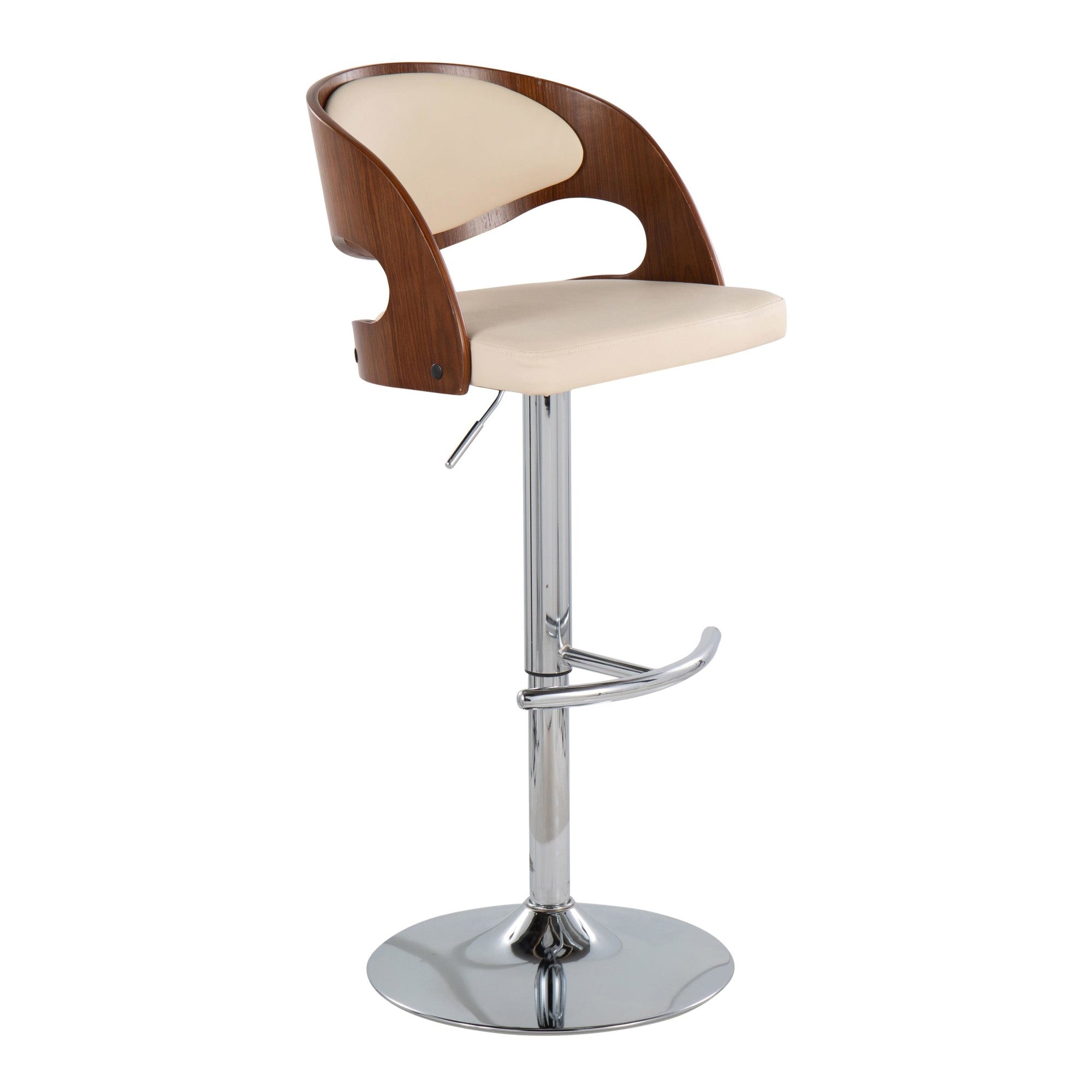 Pino Adjustable Barstool - Set of 3 - Chrome Metal, Walnut Wood, Cream PU