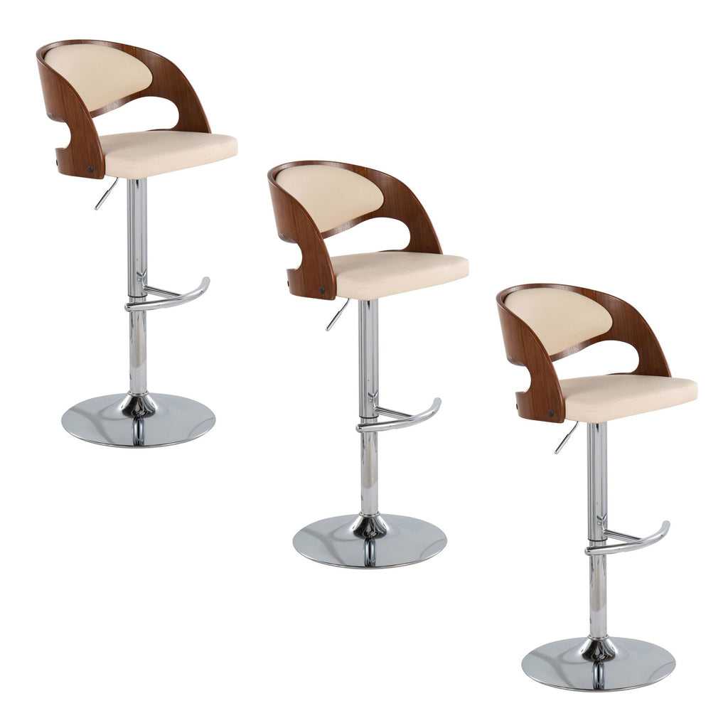 Pino Adjustable Barstool - Set of 3 - Chrome Metal, Walnut Wood, Cream PU