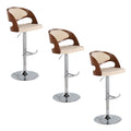 Pino Adjustable Barstool - Set of 3 - Chrome Metal, Walnut Wood, Cream PU