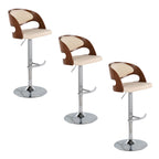 Pino Adjustable Barstool - Set of 3 - Chrome Metal, Walnut Wood, Cream PU