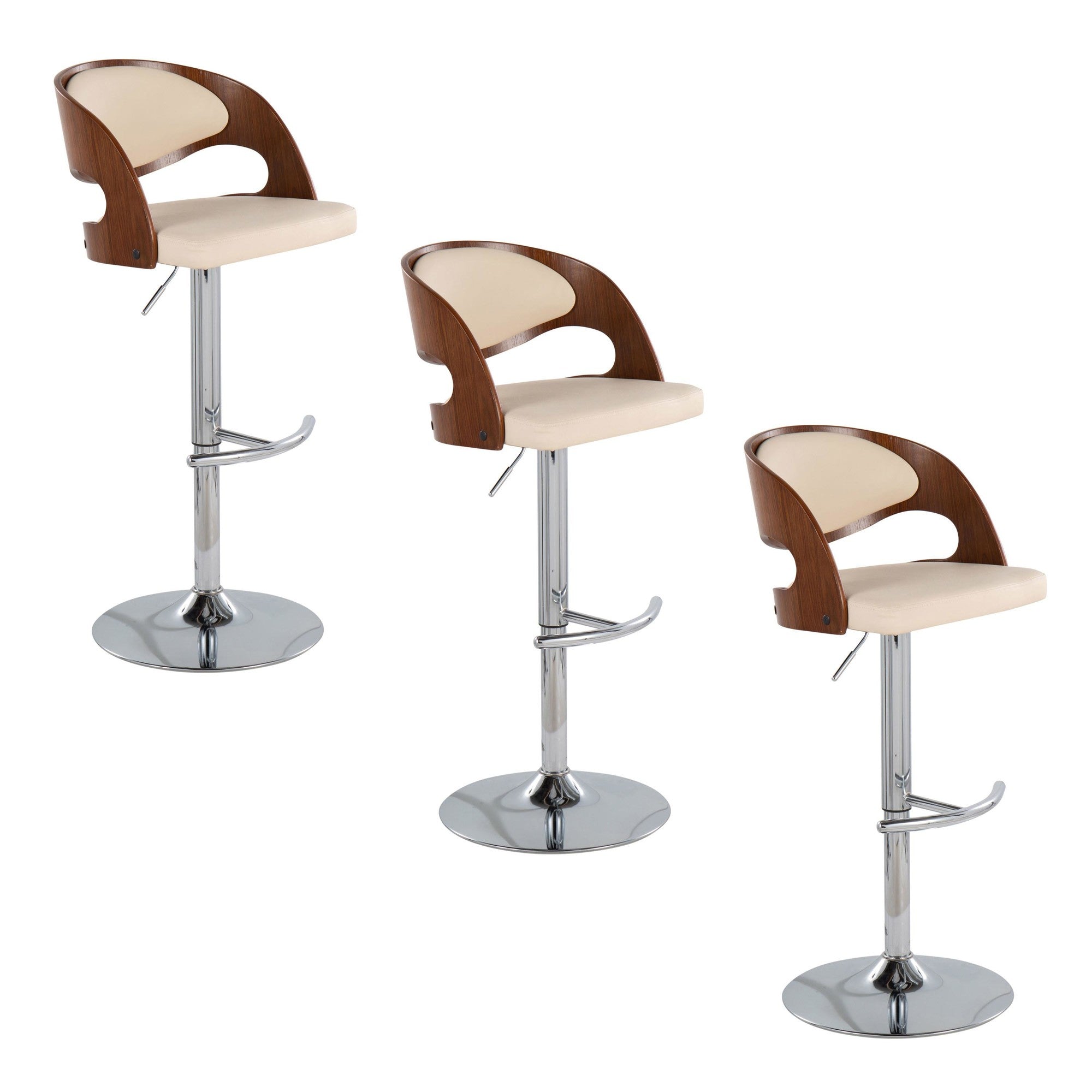 Pino Adjustable Barstool - Set of 3 - Chrome Metal, Walnut Wood, Cream PU