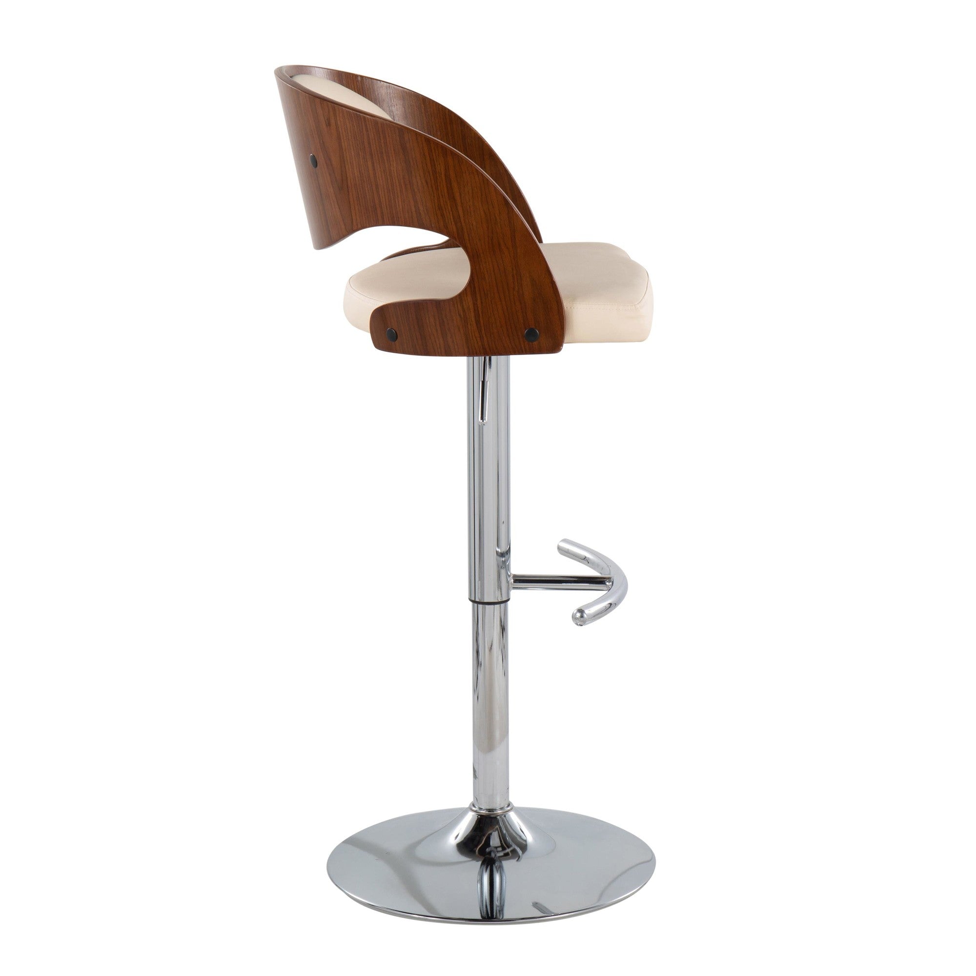 Pino Adjustable Barstool - Set of 3 - Chrome Metal, Walnut Wood, Cream PU
