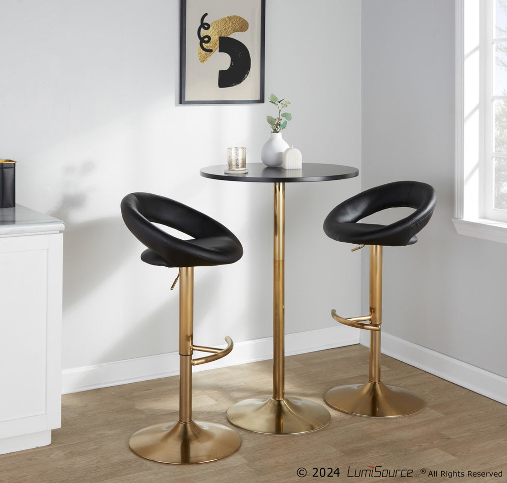 Posh Adjustable Barstool - Set of 2 - Gold Metal, Black PU