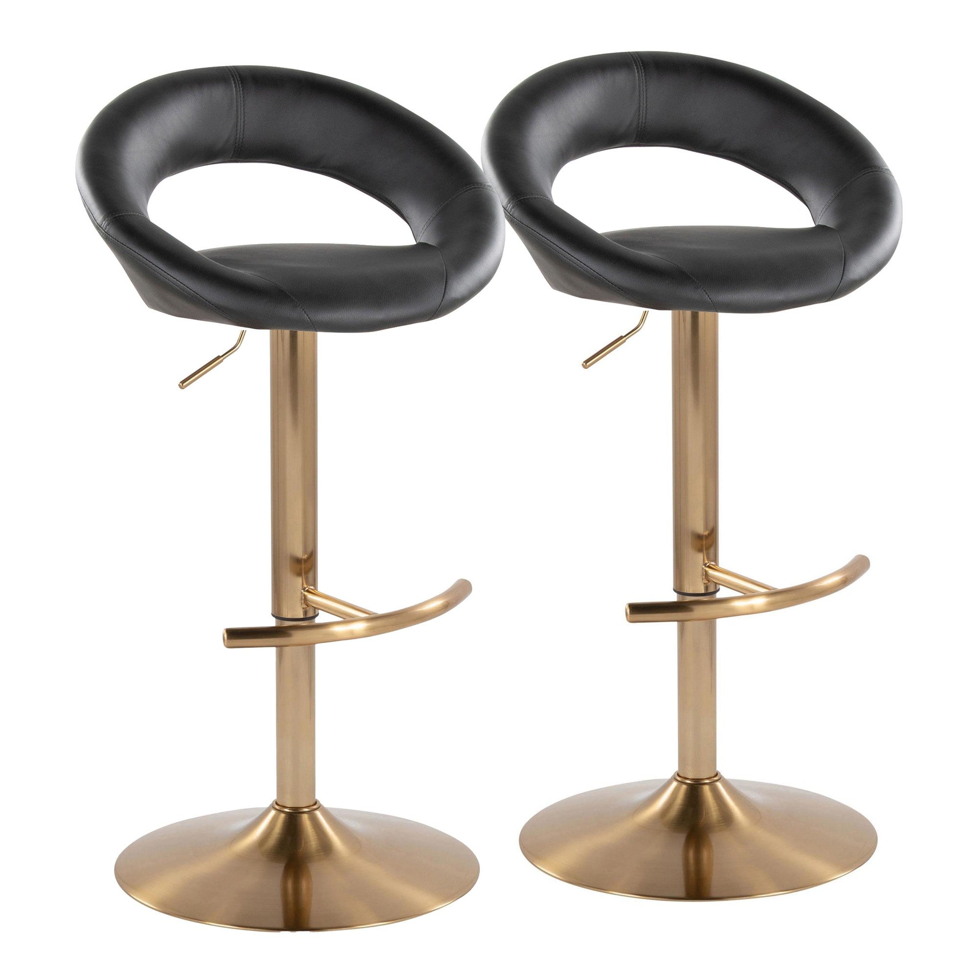 Posh Adjustable Barstool - Set of 2 - Gold Metal, Black PU