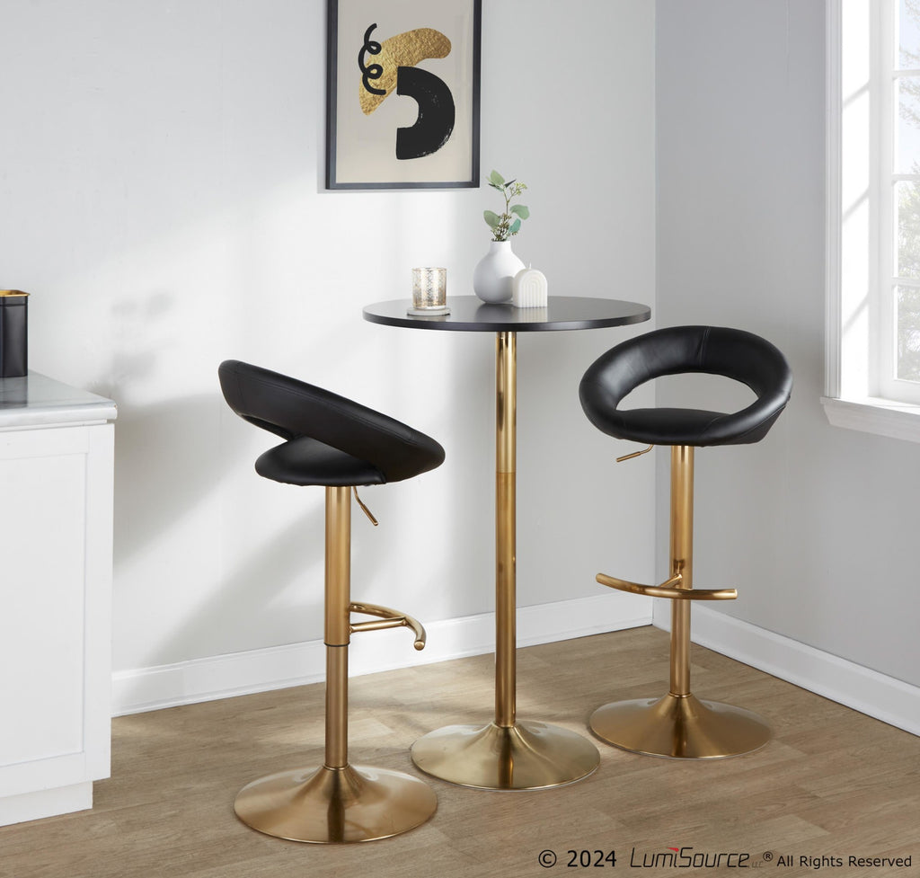 Posh Adjustable Barstool - Set of 2 - Gold Metal, Black PU