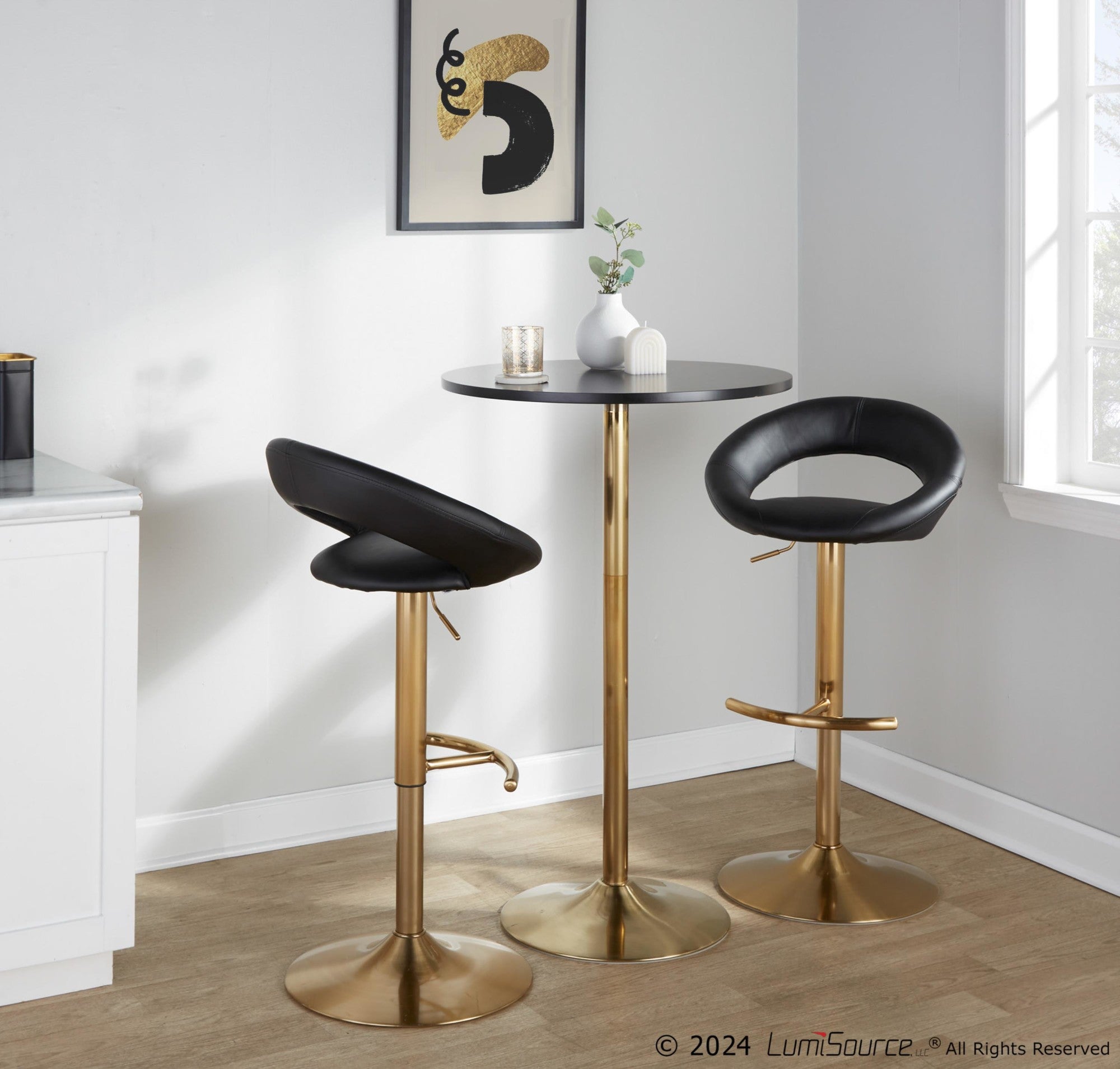 Posh Adjustable Barstool - Set of 2 - Gold Metal, Black PU