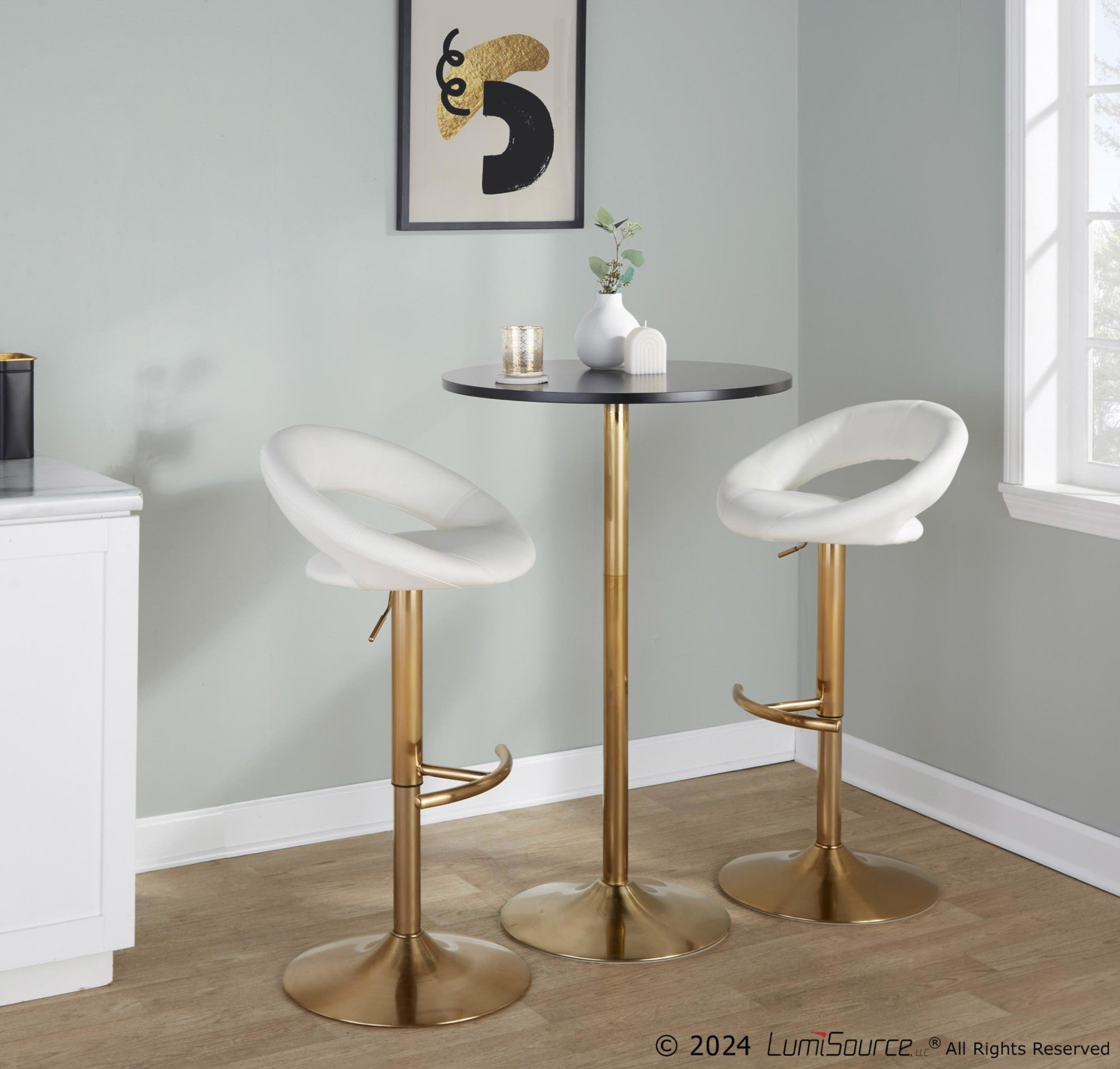 Posh Adjustable Barstool - Set of 2 - Gold Metal, White PU