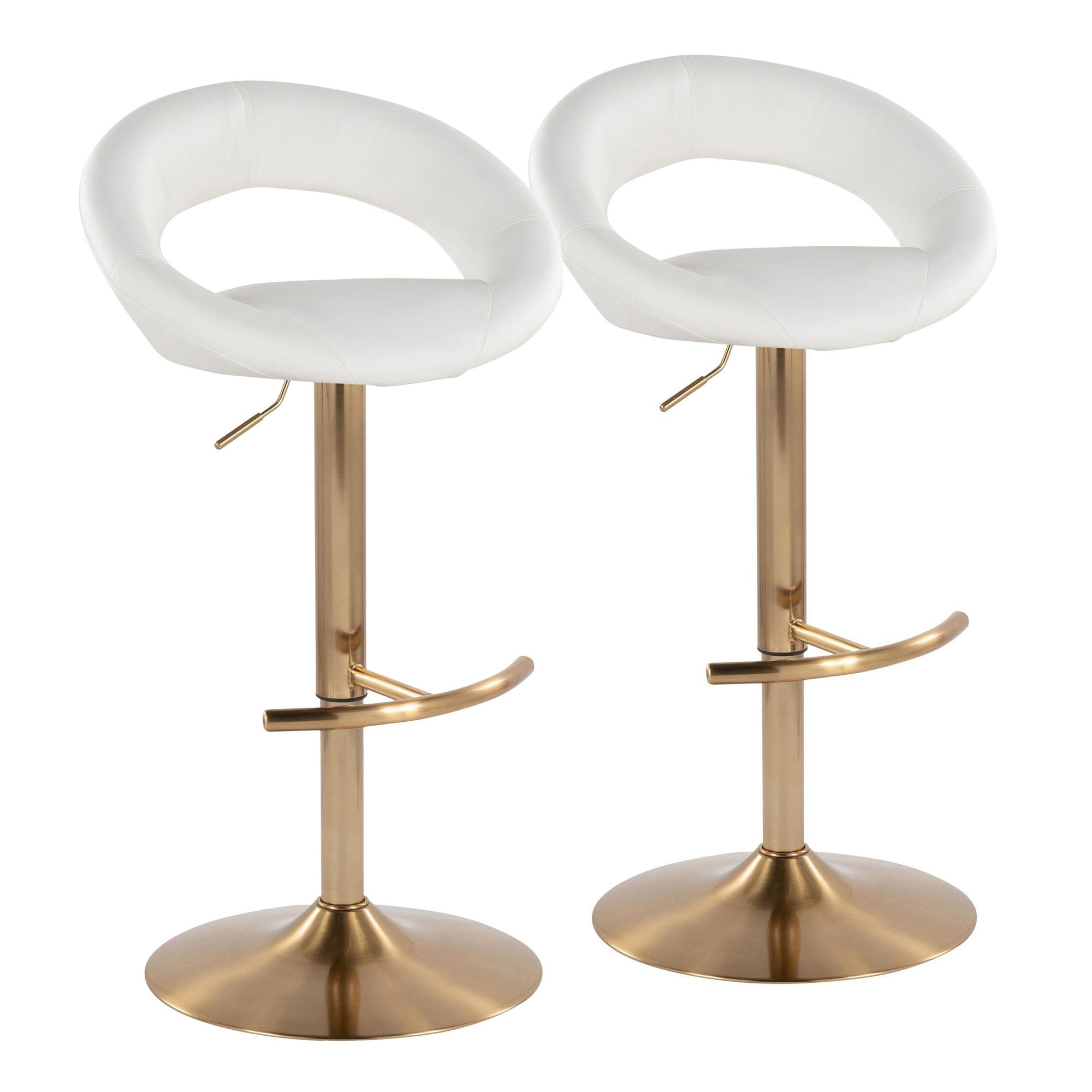 Posh Adjustable Barstool - Set of 2 - Gold Metal, White PU