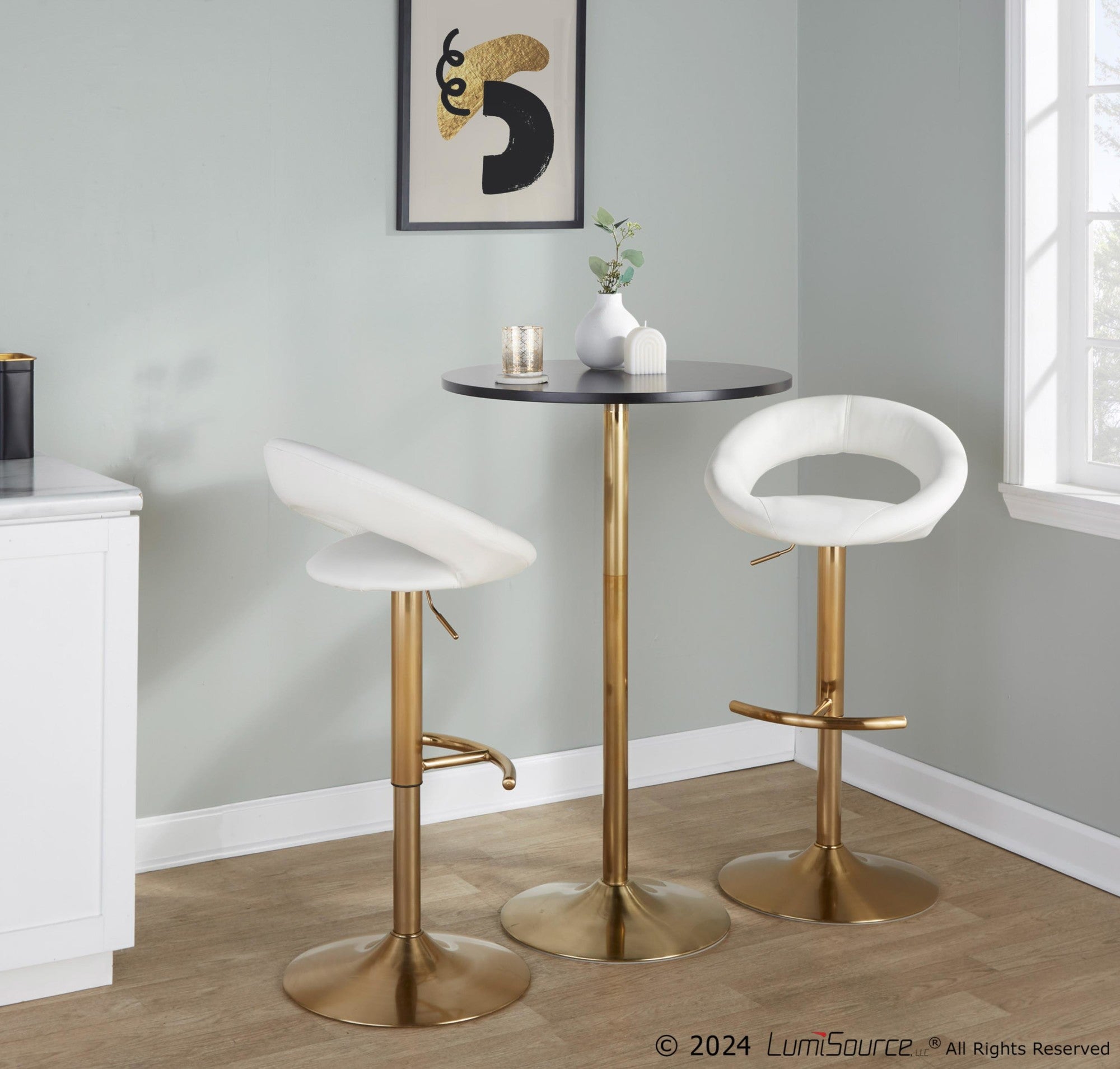 Posh Adjustable Barstool - Set of 2 - Gold Metal, White PU