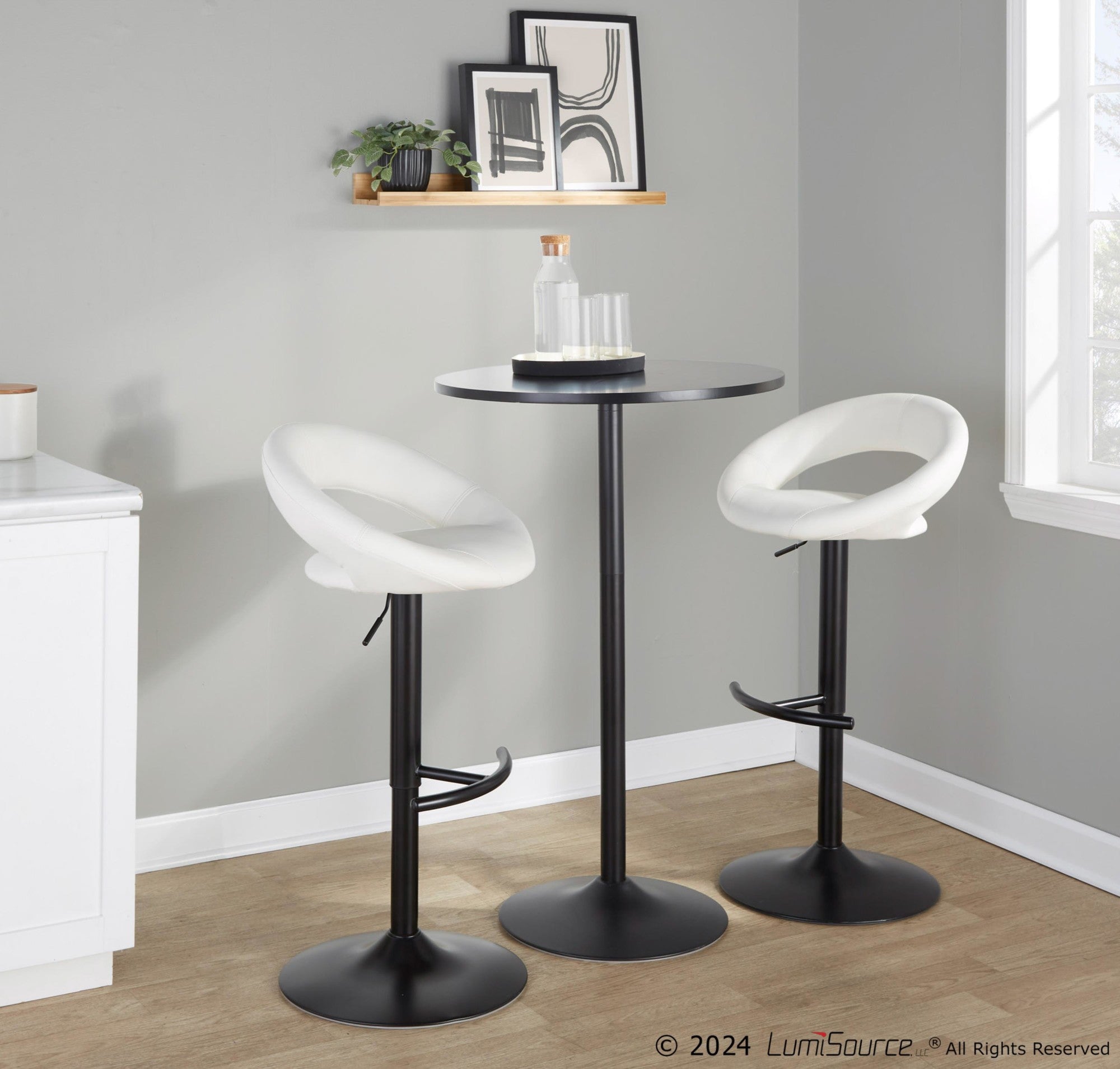 Posh Adjustable Barstool - Set of 2 - Black Metal, White PU