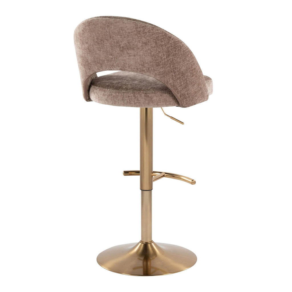Renee Adjustable Barstool - Set of 2 - Gold Metal, Brown Fabric