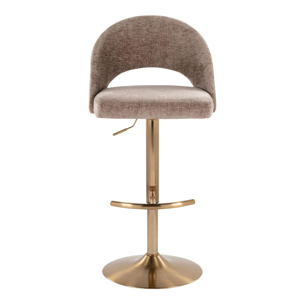 Renee Adjustable Barstool - Set of 2 - Gold Metal, Brown Fabric