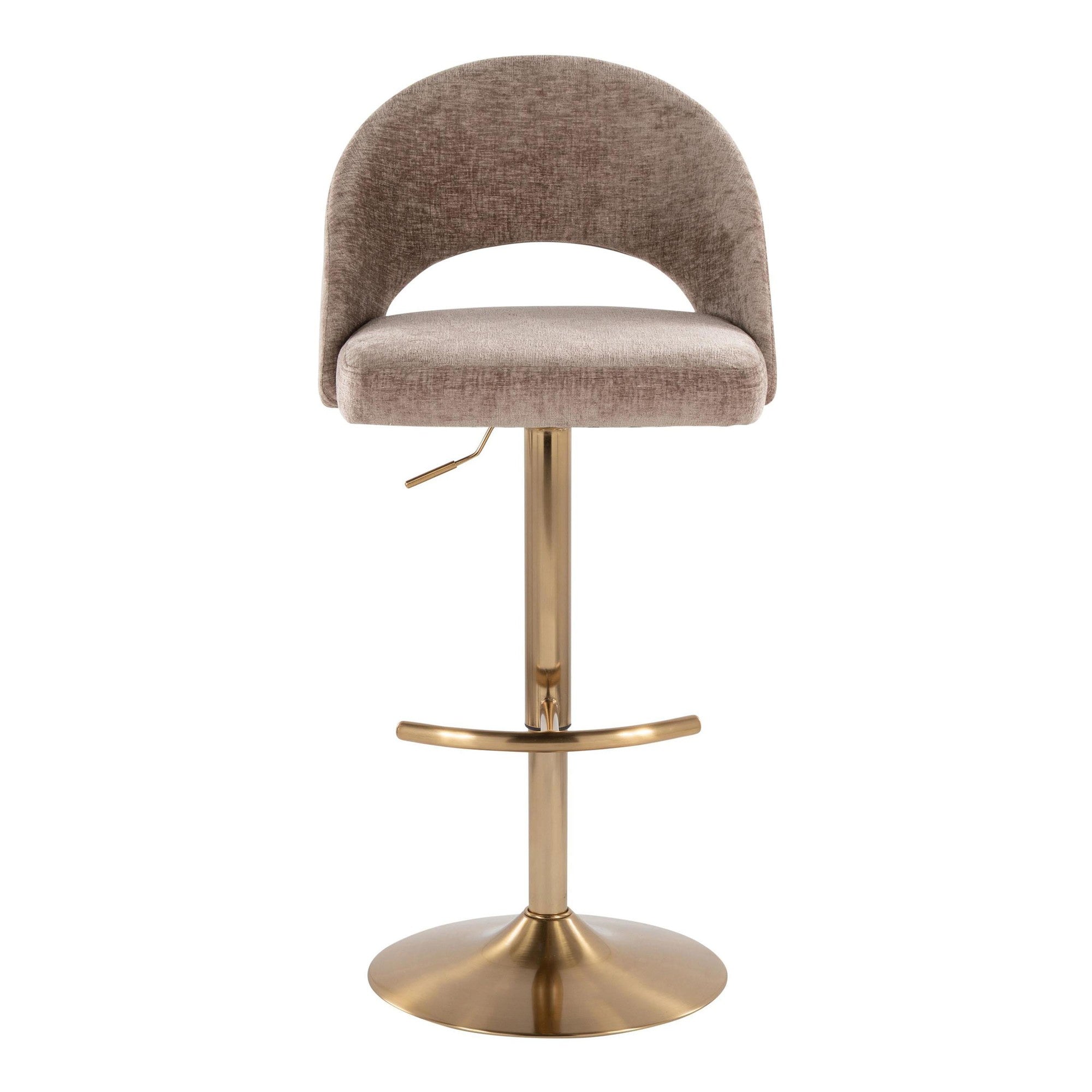 Renee Adjustable Barstool - Set of 2 - Gold Metal, Brown Fabric