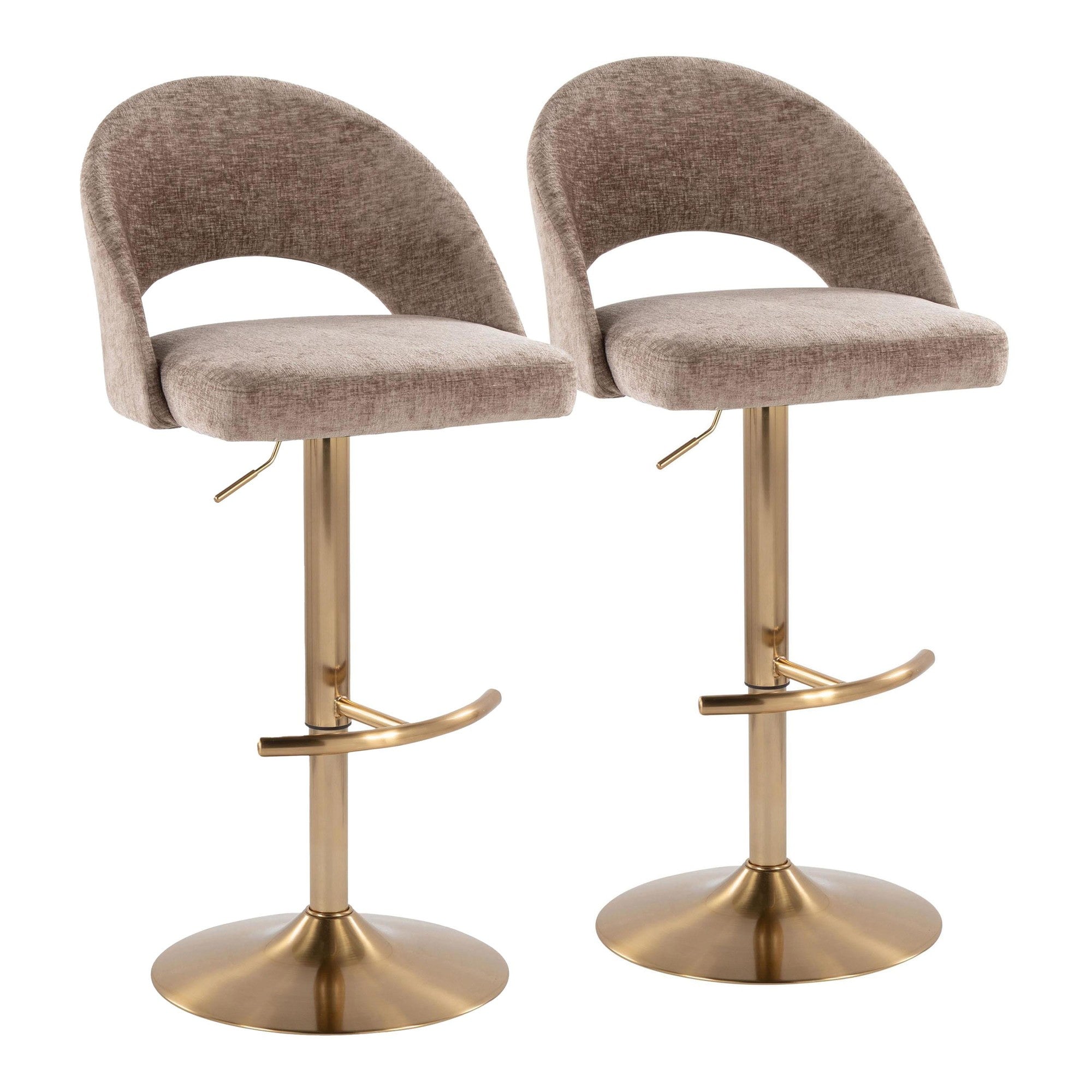 Renee Adjustable Barstool - Set of 2 - Gold Metal, Brown Fabric