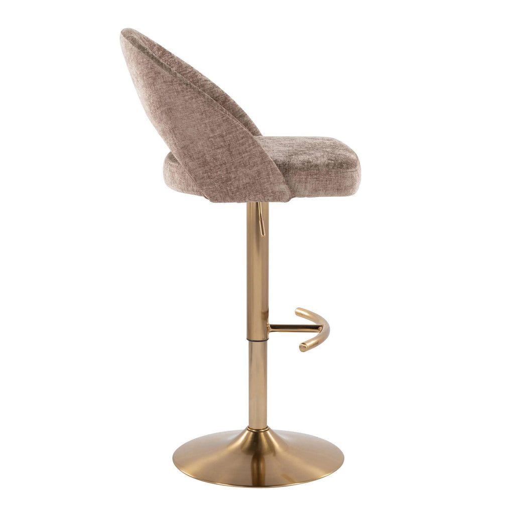 Renee Adjustable Barstool - Set of 2 - Gold Metal, Brown Fabric