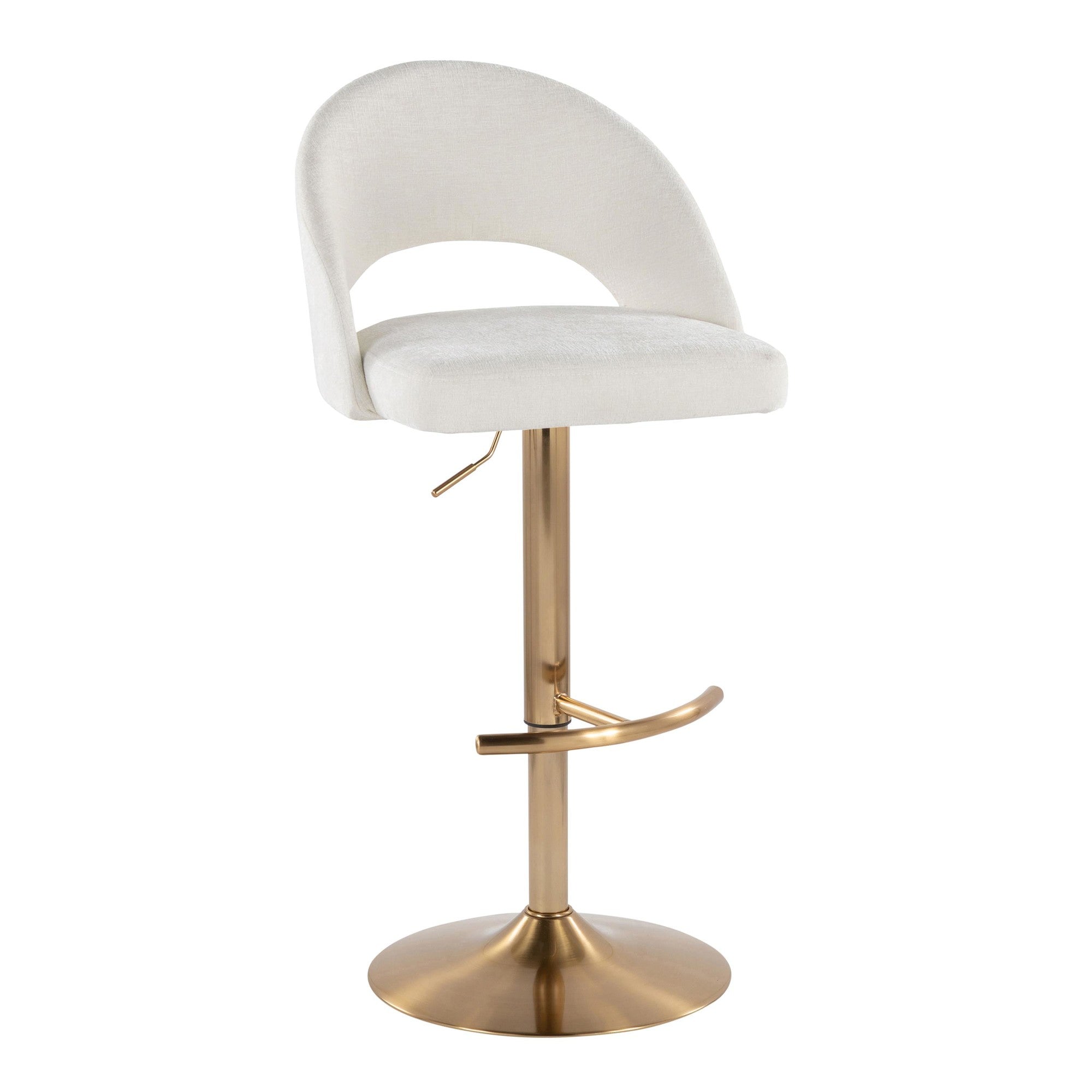 Renee Upholstered Adjustable Barstool - Set of 2 - Gold Metal, Cream Fabric