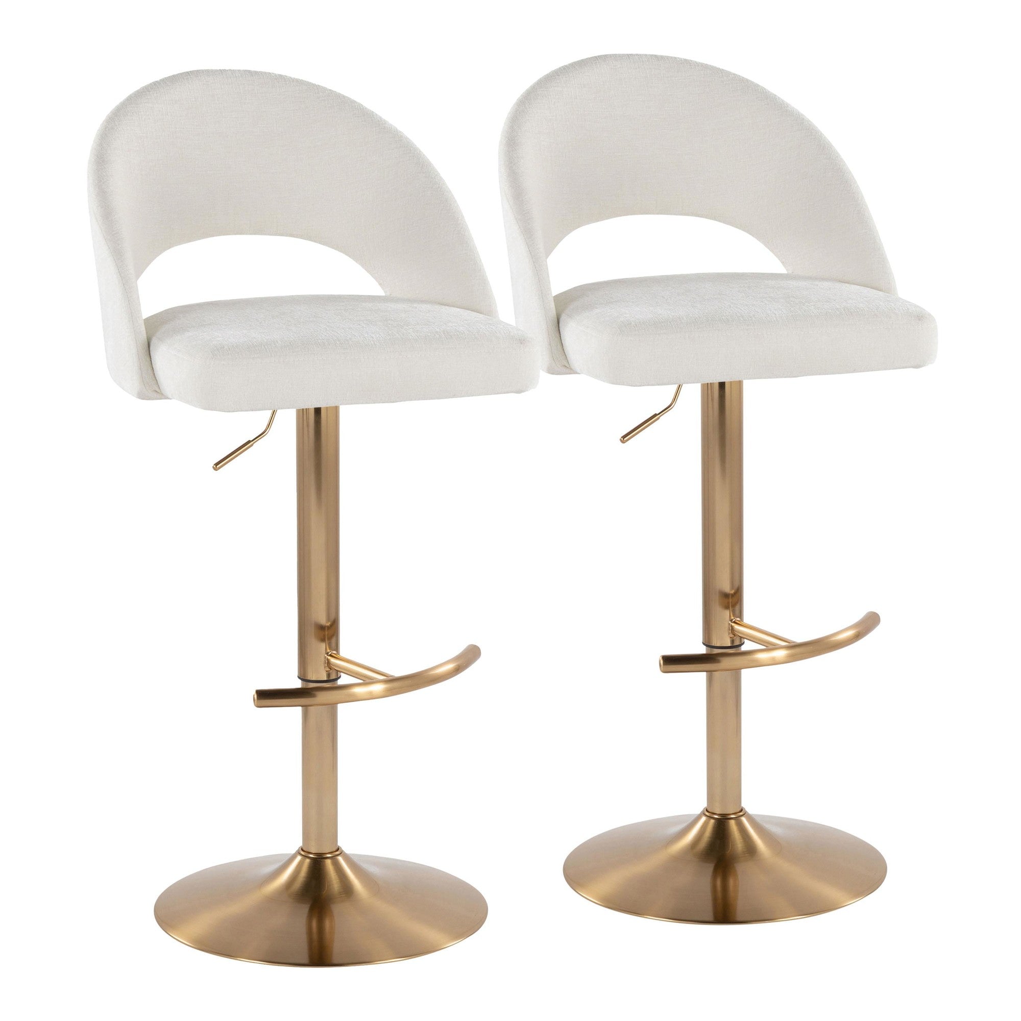 Renee Upholstered Adjustable Barstool - Set of 2 - Gold Metal, Cream Fabric