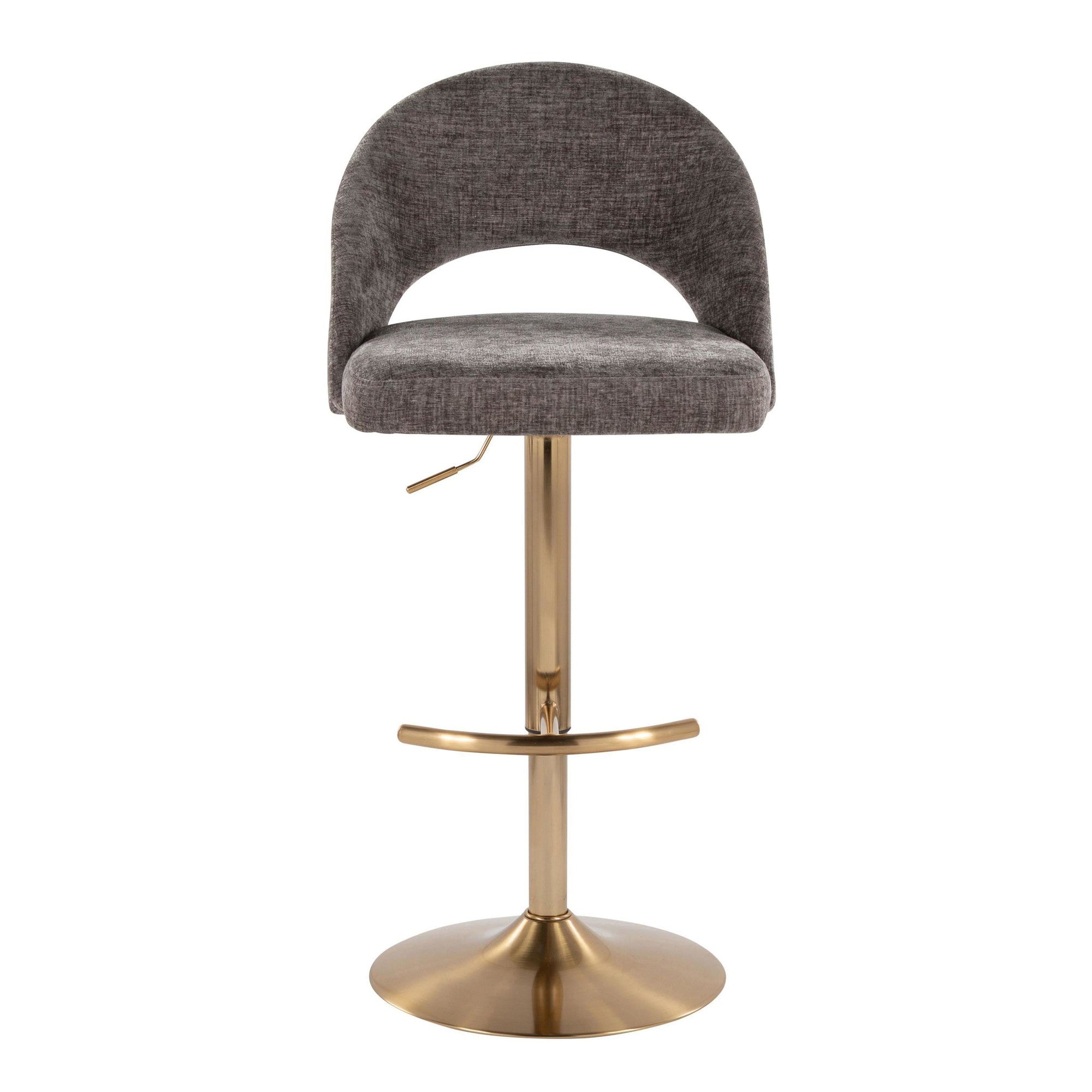 Renee Adjustable Barstool - Set of 2 - Gold Metal, Dark Grey Fabric